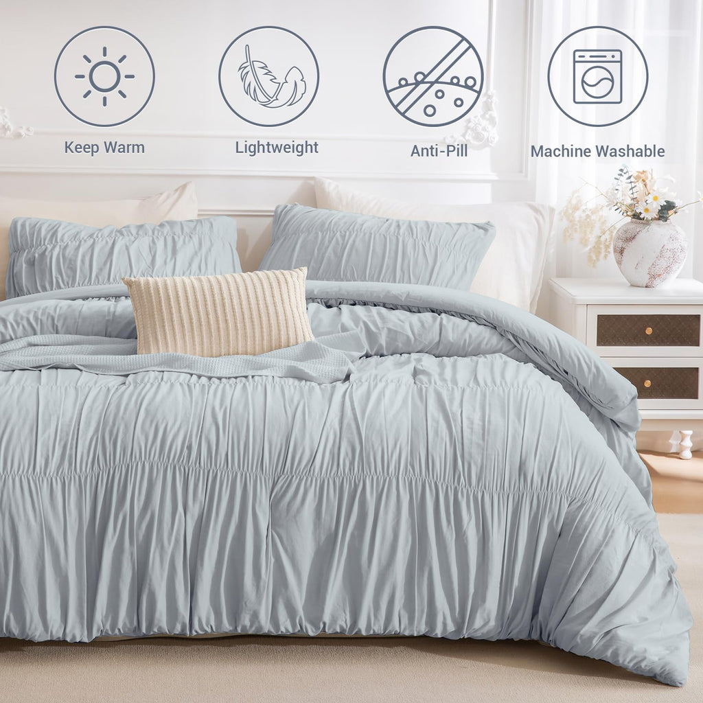 Comforter Set Light Blue Ruched Bedding Comforter Sets, Ultra Soft Ruffle Fluffy 106"*95" Shabby and