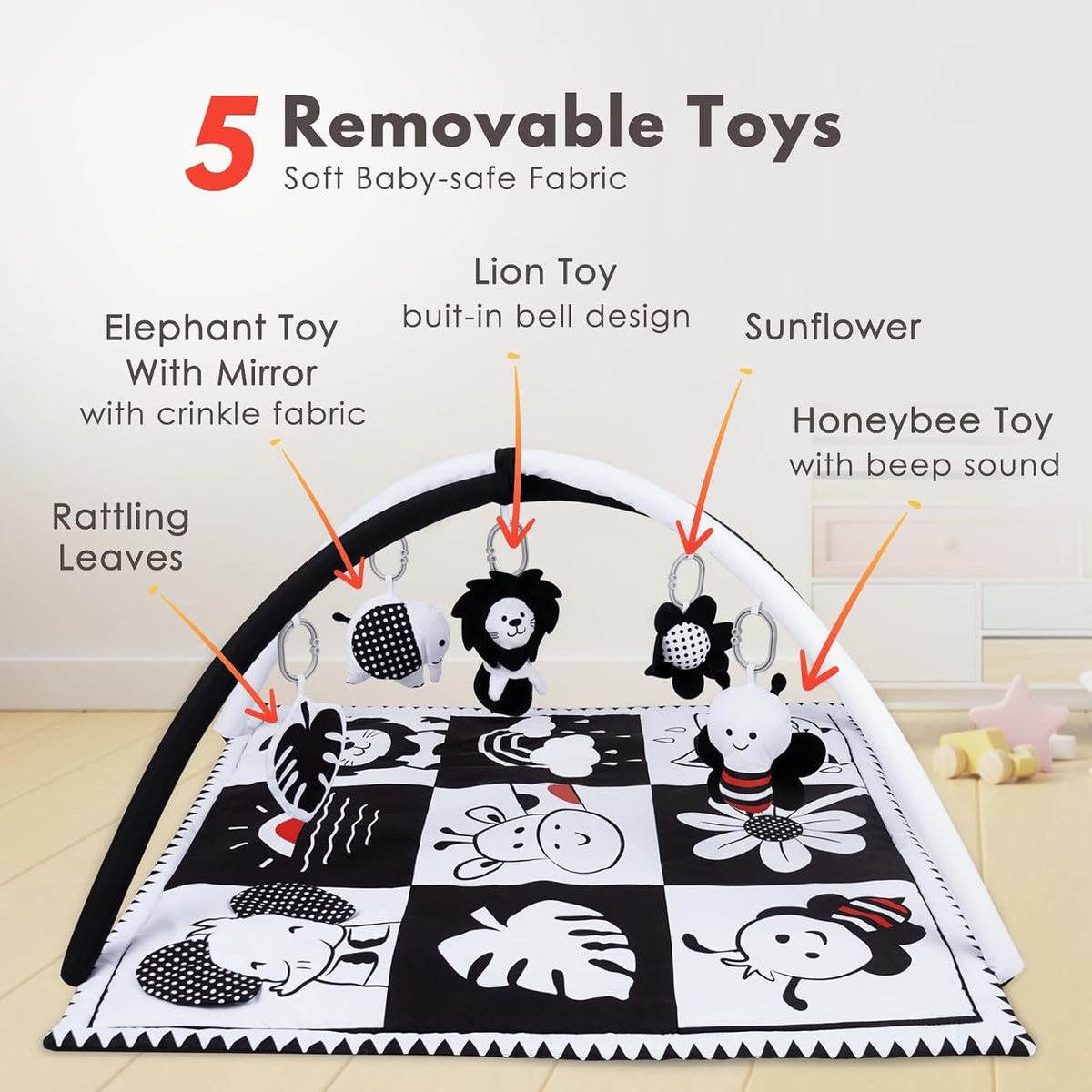 Play Activity Gym Tummy Time Mat for Infant,Baby Gyms & Playmats for Babies 0 to 3 6 9 12 Months with 5 Toys