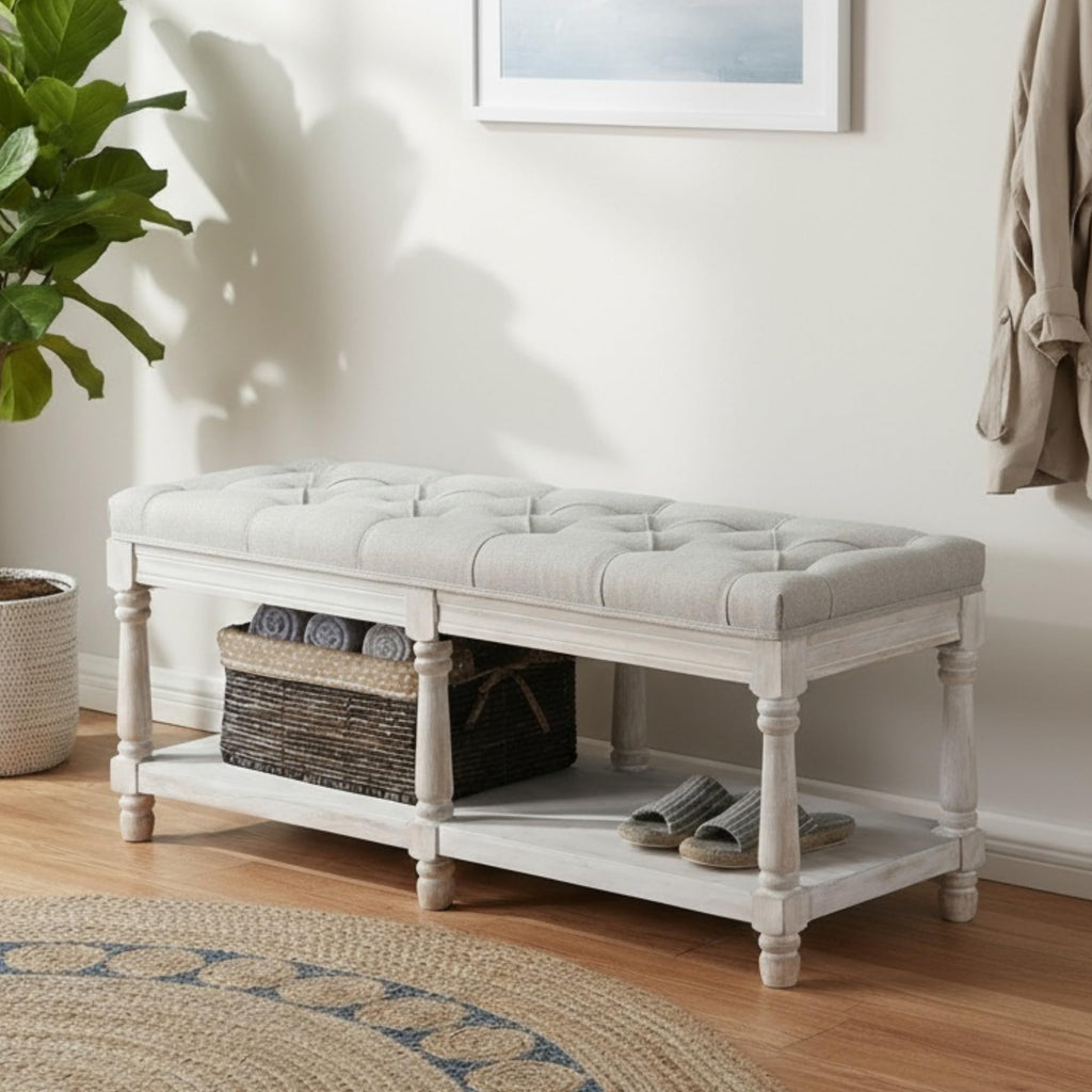 Farmhouse Storage Bench Wooden Entryway Upholstered Tufted Ottoman Bench End of Bed Hallway Organizer, Beige