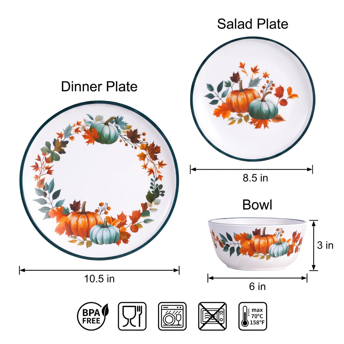 12-Piece Melamine Dinnerware Set for 4, Fall Pumpkin Plates and Bowls