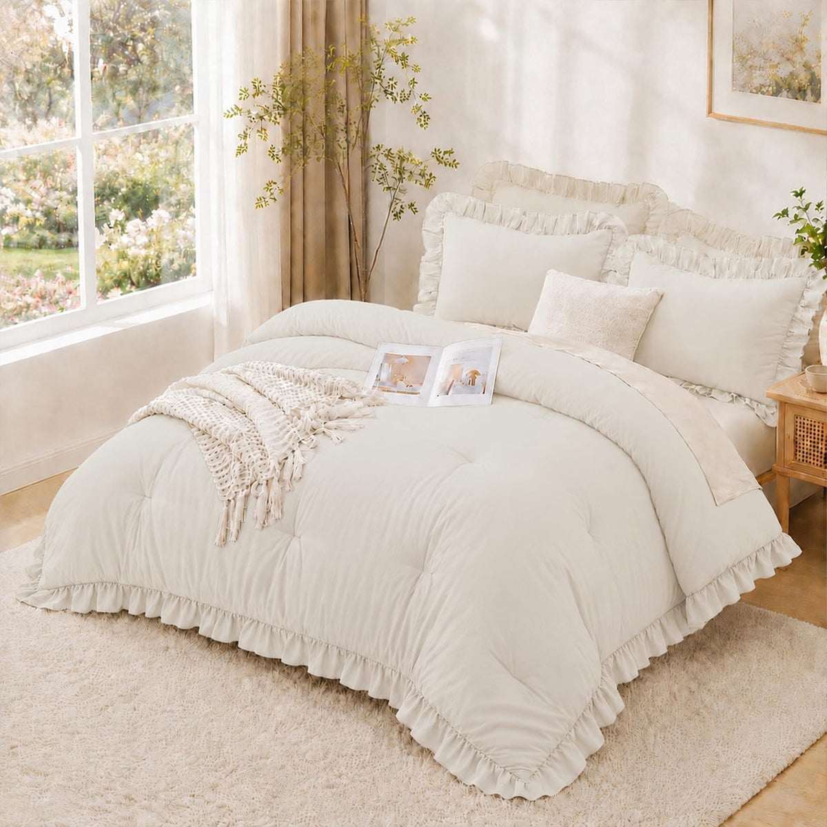 Comforter Set 3 Pieces Beige Ruffle Bedding Set