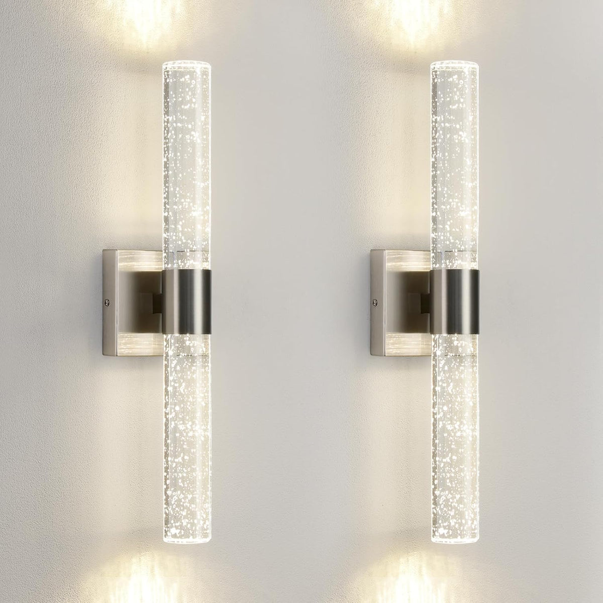 LED Wall Sconces Set of Two - 4000K Dimmable Crystal Bathroom Sconces Wall Lighting Indoor Brushed Nickel Vanity