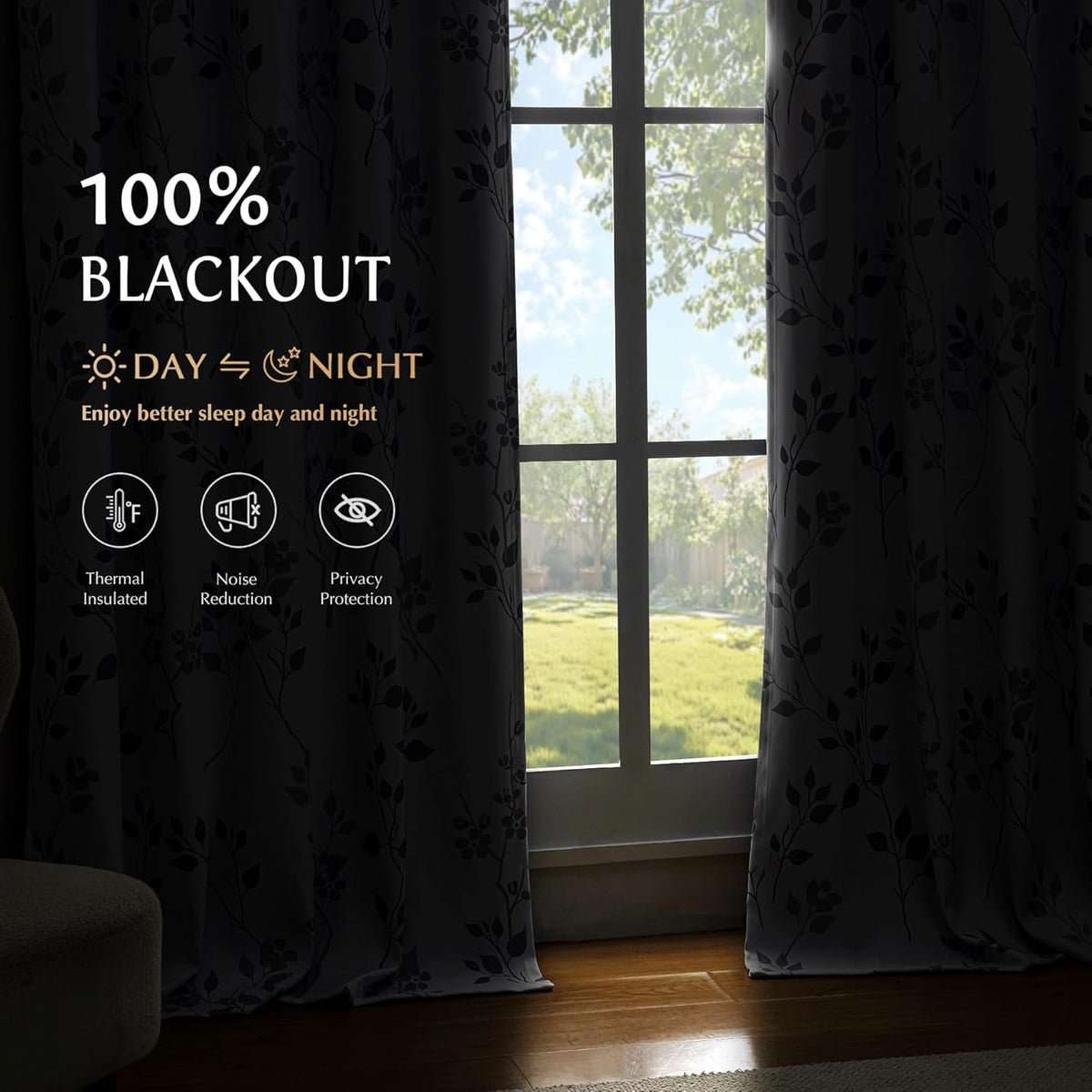 Floral 100% Blackout Curtains 2 Panels for Bedroom Living Room Grey White Flower Patterned Room