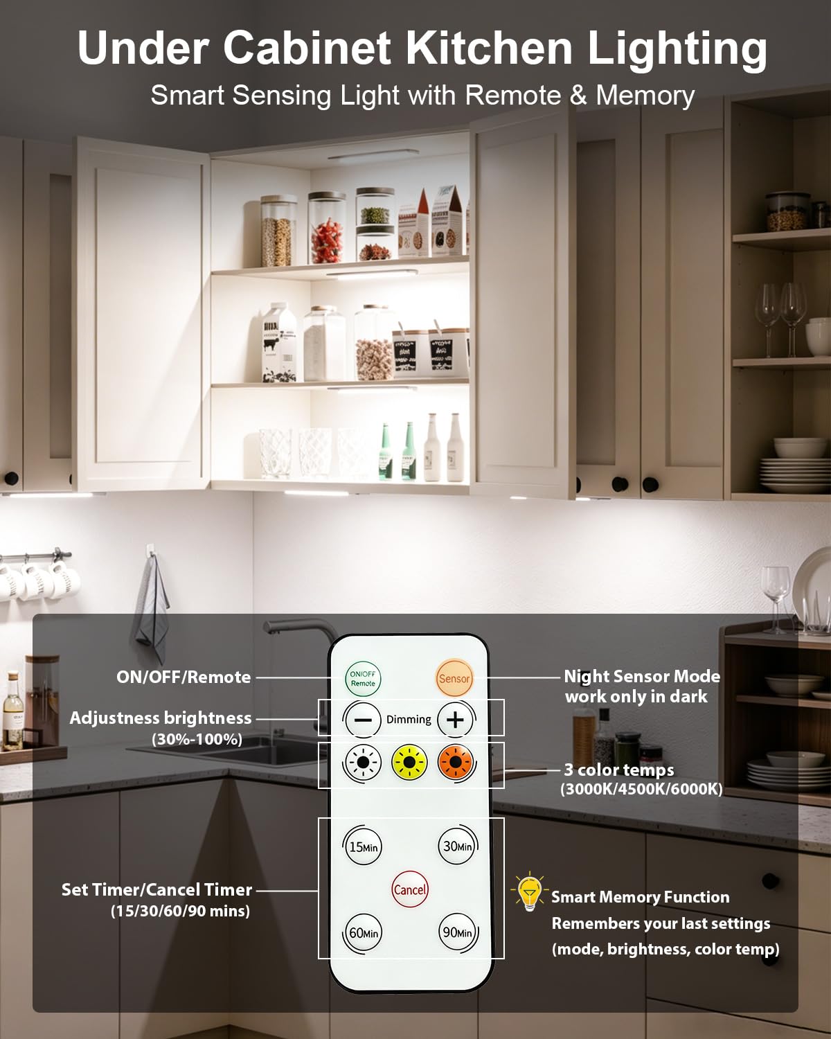 12'' Under Cabinet Lighting, with Remote Rechargeable Wireless Motion Sensor Lights Indoor 3 Color/5 Levels Dimmable