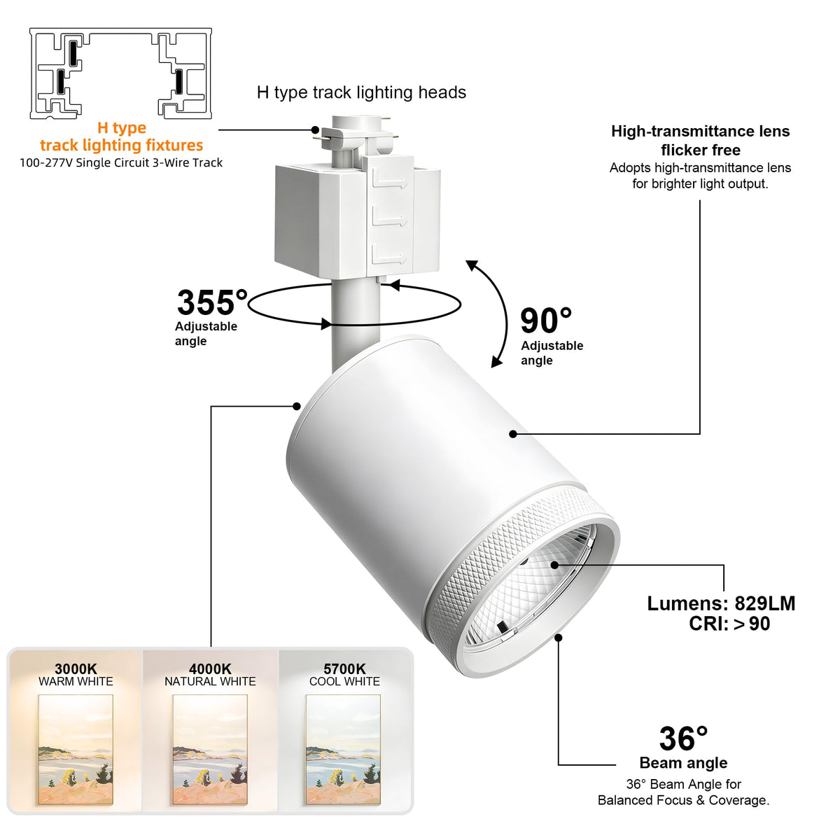 10W LED White Track Lighting Heads, H Type Track Lighting Rail Ceiling Spotlight for Accent Task Wall Art Exhibition