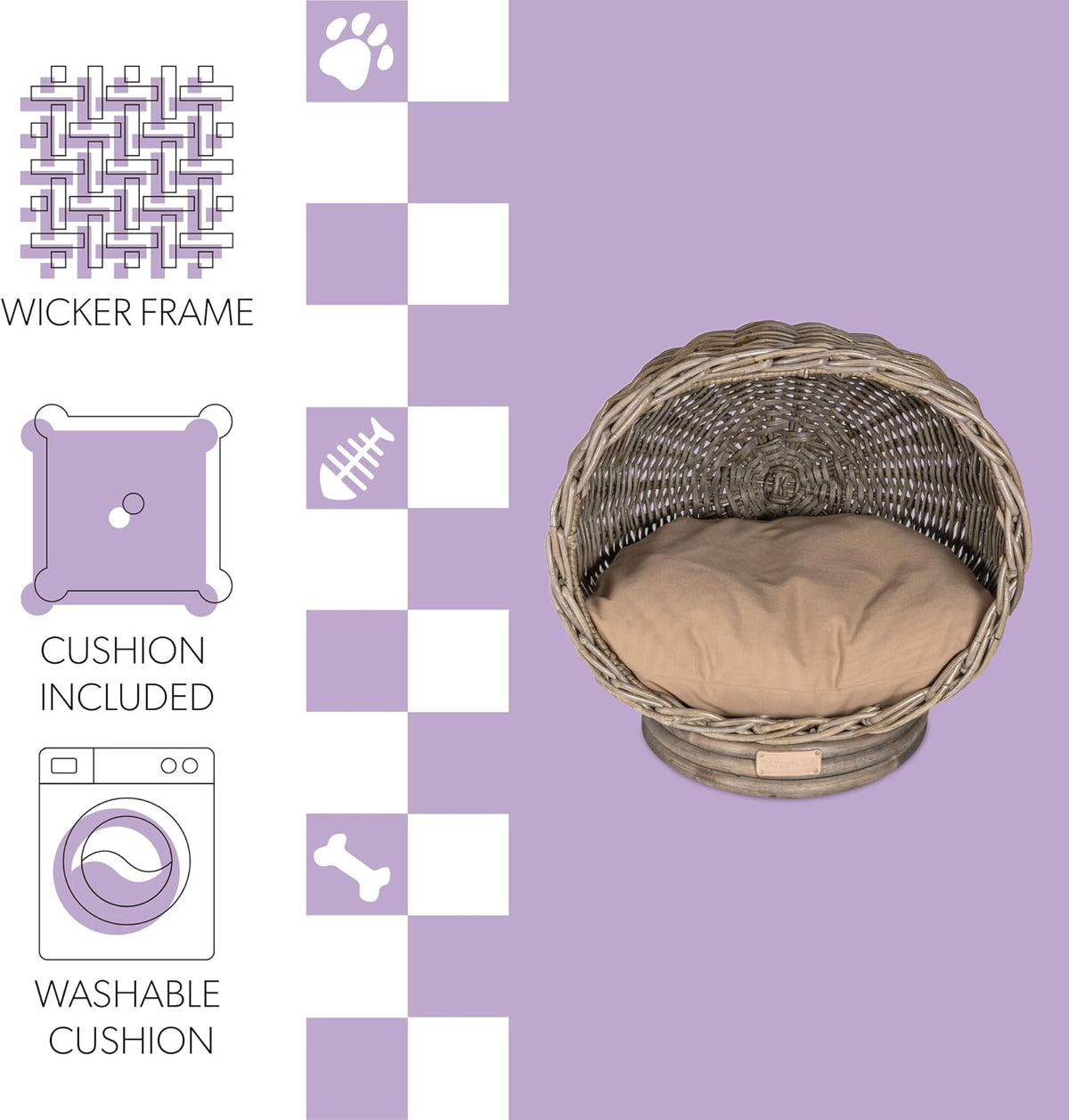 Socket Dome 19.5" x 17" Bohemian Handwoven Rattan Cat Bed with Machine-Washable Cushion, Kubu Gray