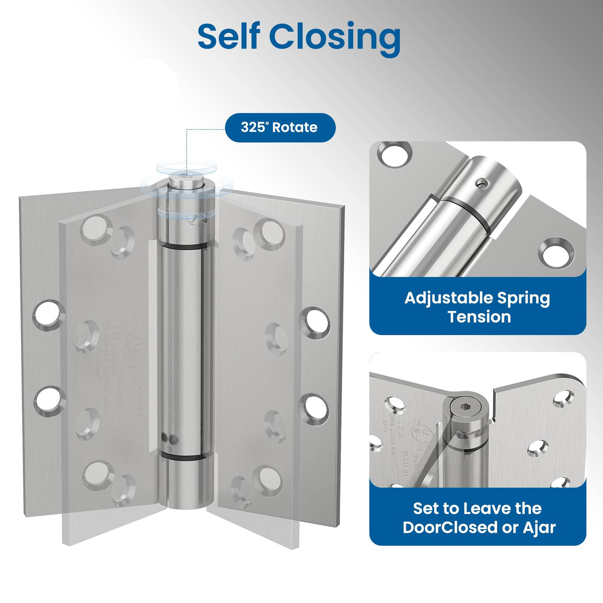 3 Pack Self Closing Door Hinges 4.5 Inch Spring Hinge, Brushed Nickel