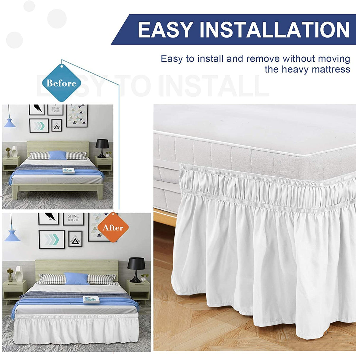 600 TC Cotton Wrap Around Bed Skirt for XL Size Bed 22 Inch Drop & Adjustable Three Fabric Sides Elastic Belts