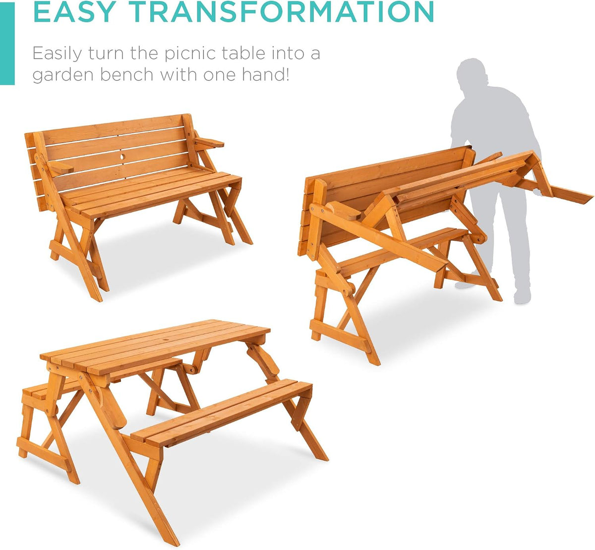 2-in-1 Transforming Interchangeable Outdoor Wooden Picnic Table Garden Bench for Backyard, Porch, Patio, Deck