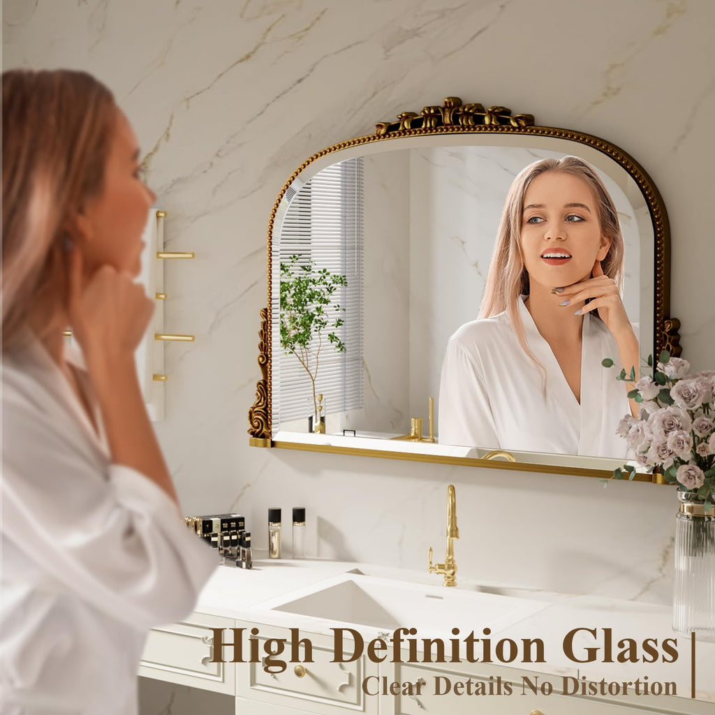 Wall Beaded Mirror, 36 x 27 Inch Round Top Right Angle Wall Mirror, Tempered Glass, Rust Resistant, Horizontally or