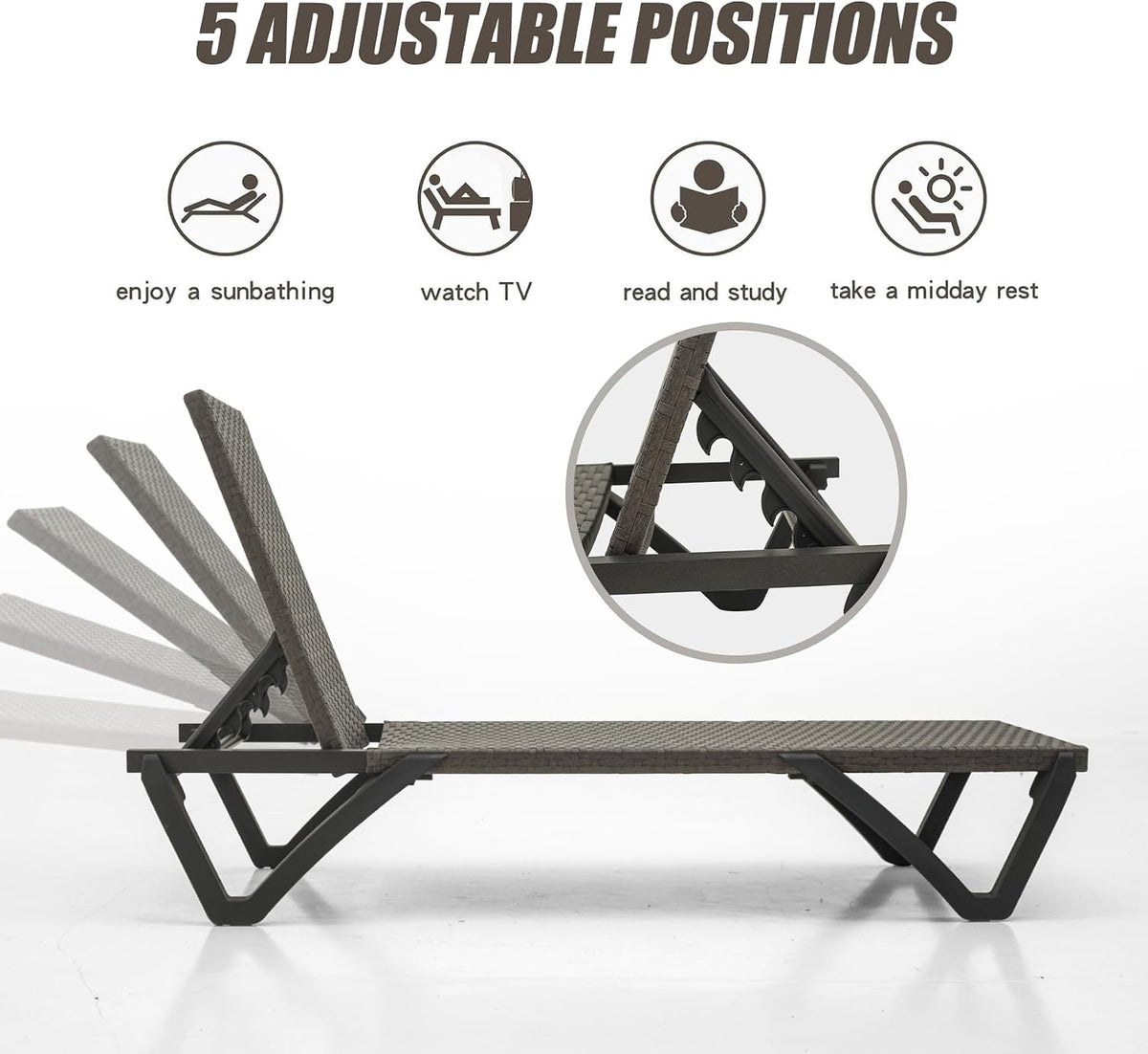 Pool Lounge Chairs Set of 2, Wicker Adjustable Outdoor Chaise Lounge with Wheels, All Weather Poolside Chairs for