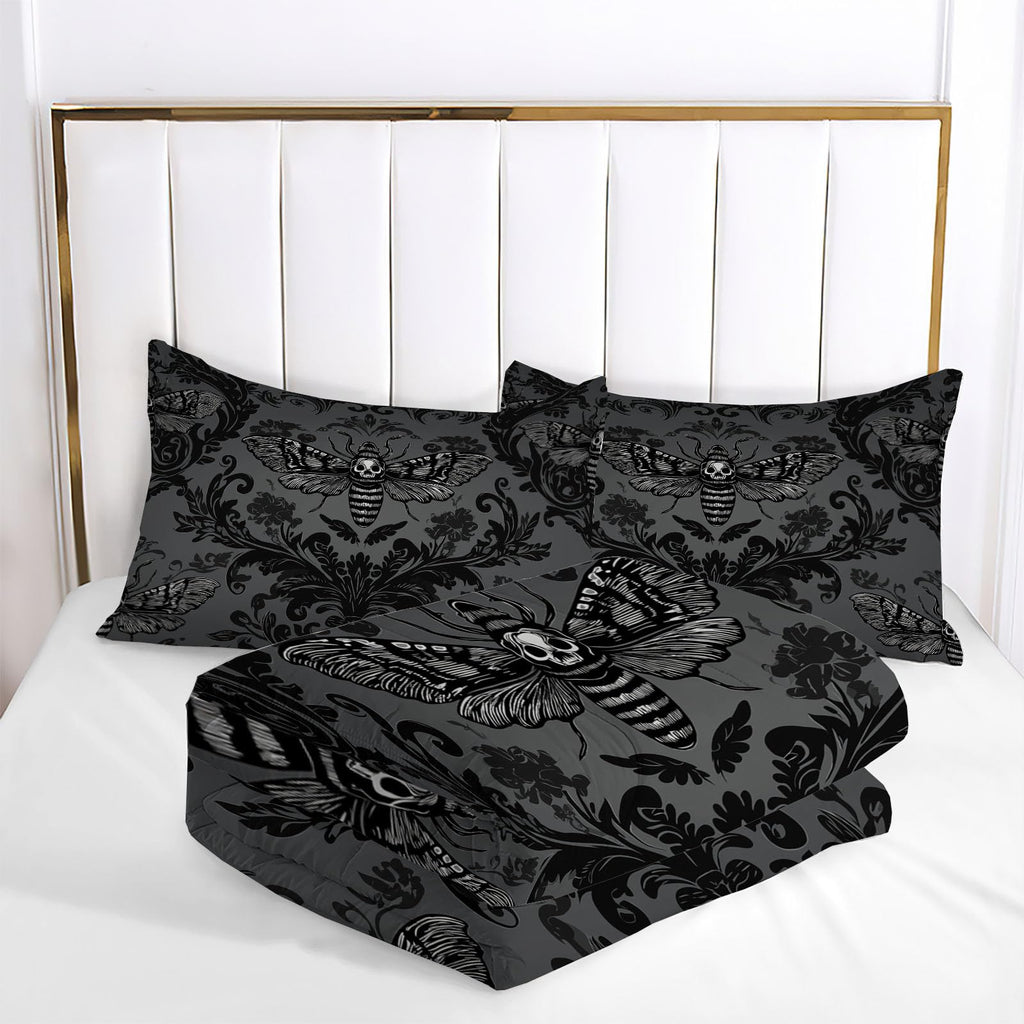 Comforter Set, 3 Pcs Fantasy Moth Comforter with Gothic Brocade Pattern, Reversible Deep Black Comforters, Soft