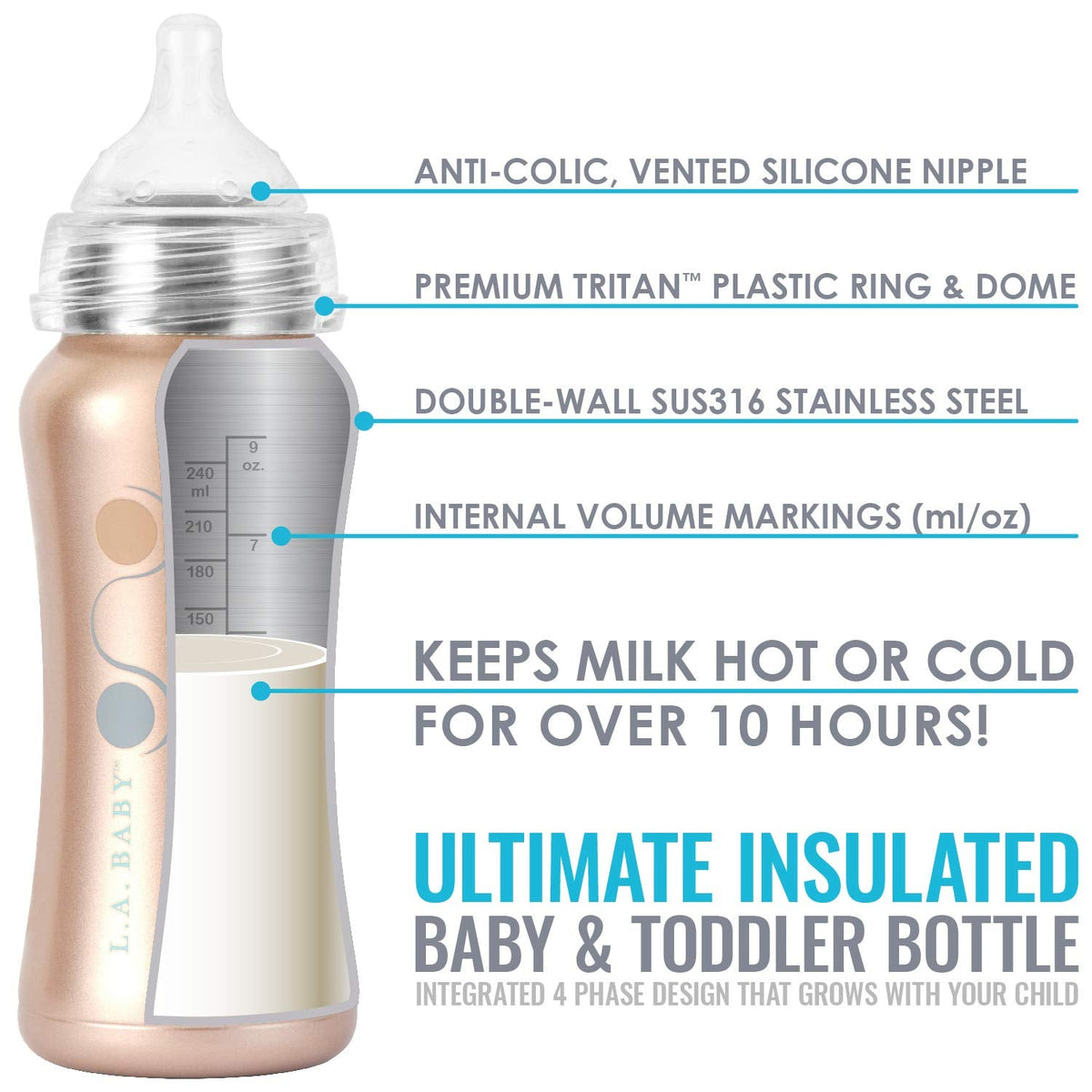 Stainless Steel Baby Bottle 9oz Insulated Baby Bottle | Insulate Milk for 10+ Hours | Non-Toxic Food-Grade Stainless