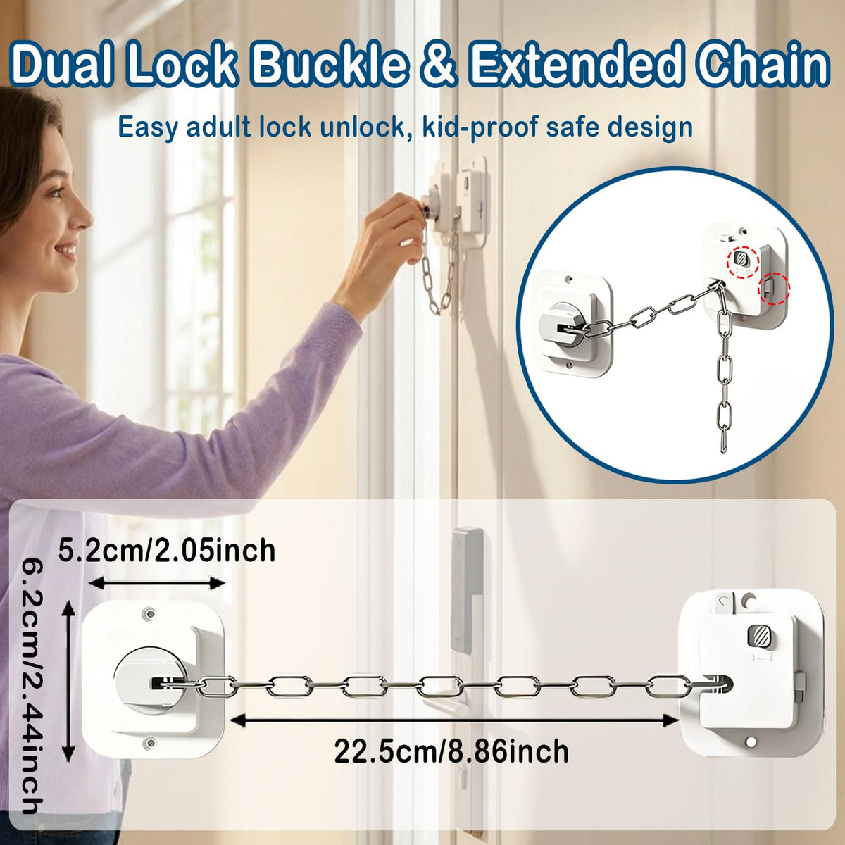 Kids Safety Child Proof Door Lock 9" Adjustable Latch 2 Pack White