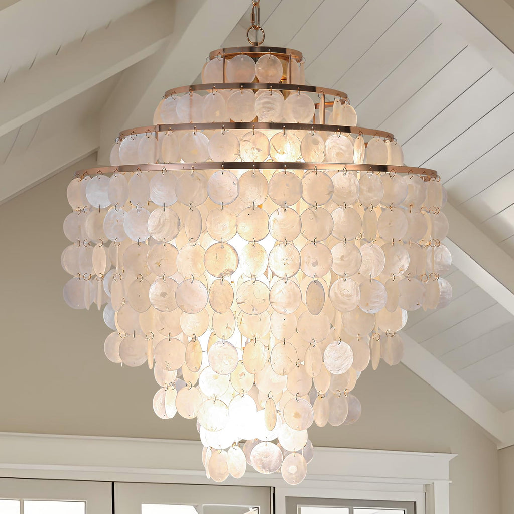 Coastal Capiz Shell Chandelier 24 inch Gold Natural Seashell Farmhouse Boho Chandelier 4-Light Pendant Light Fixture