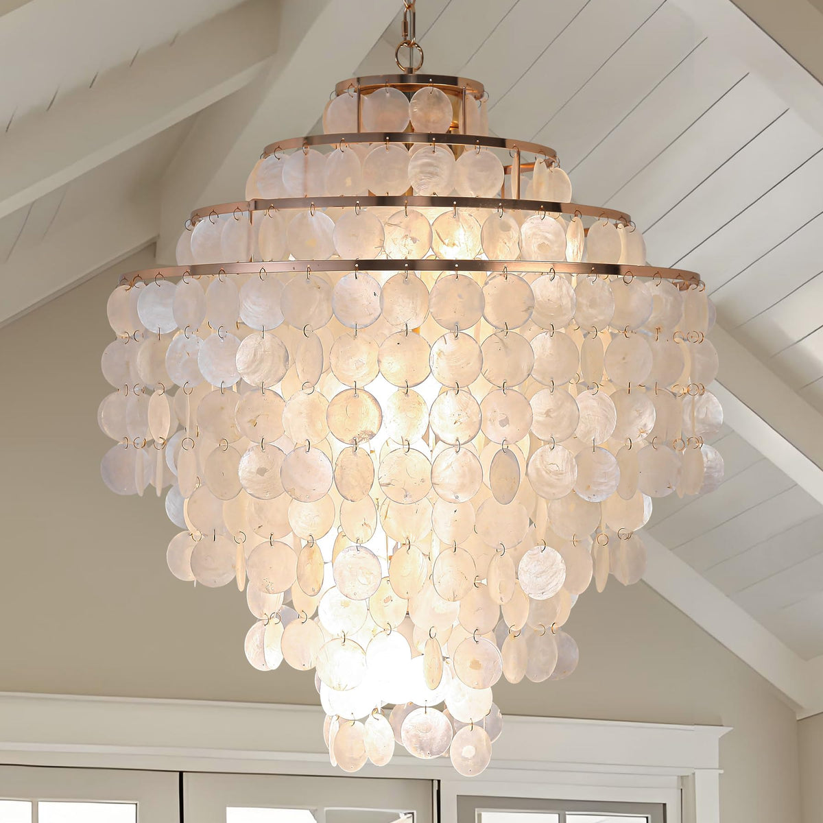 Coastal Capiz Shell Chandelier 24 inch Gold Natural Seashell Farmhouse Boho Chandelier 4-Light Pendant Light Fixture