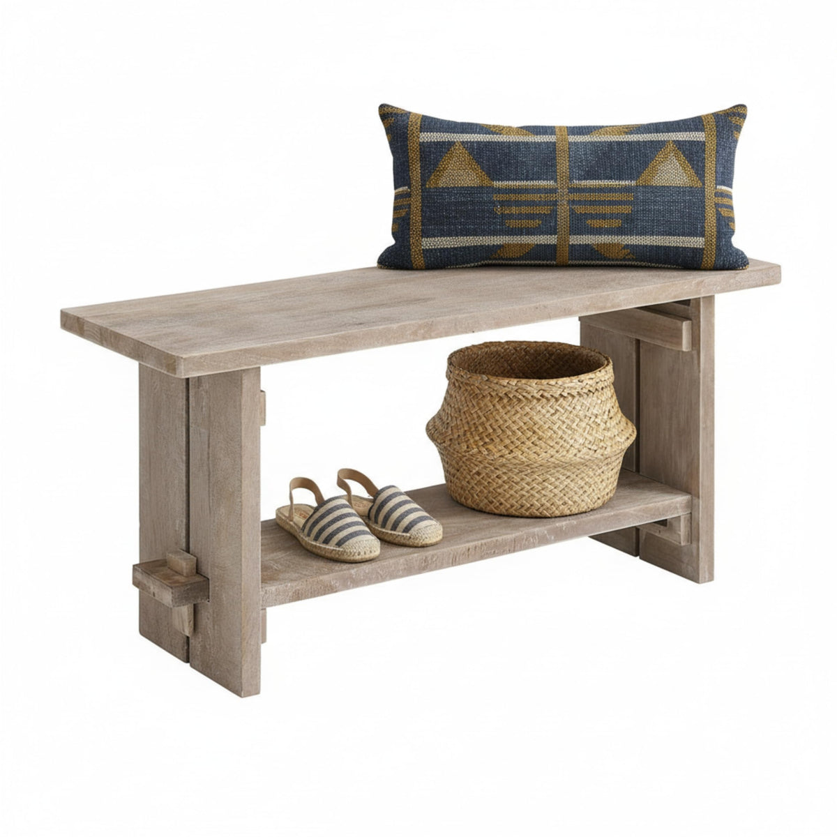 Bethel Rustic Solid Wood Entryway Bench with Shelf, Driftwood