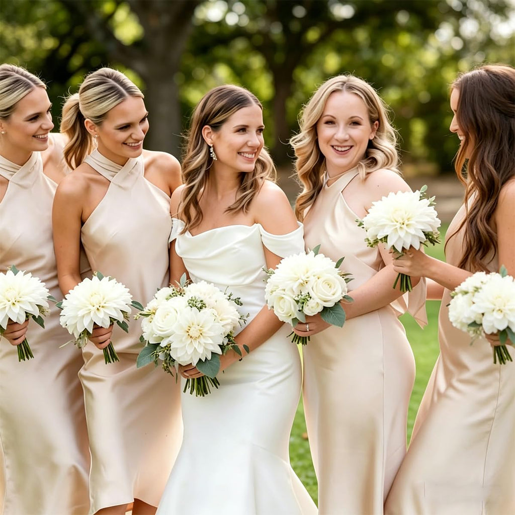 Wedding Bouquets for Bridesmaids, White Artificial Rose Flowers, Silk Bouquet Set for Bride, Church Ceremony Wedding