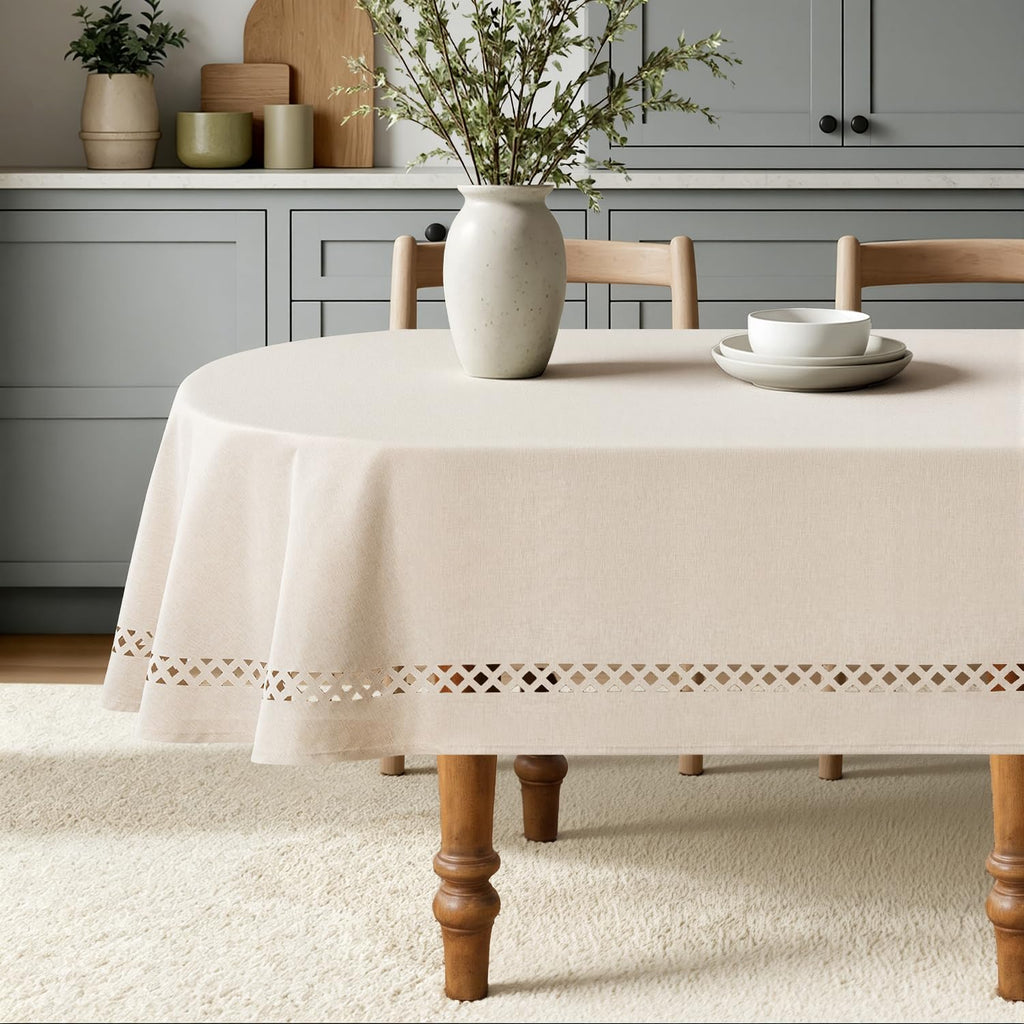 Beige Oval Tablecloth with Decorative Cutouts 60x84 Inch