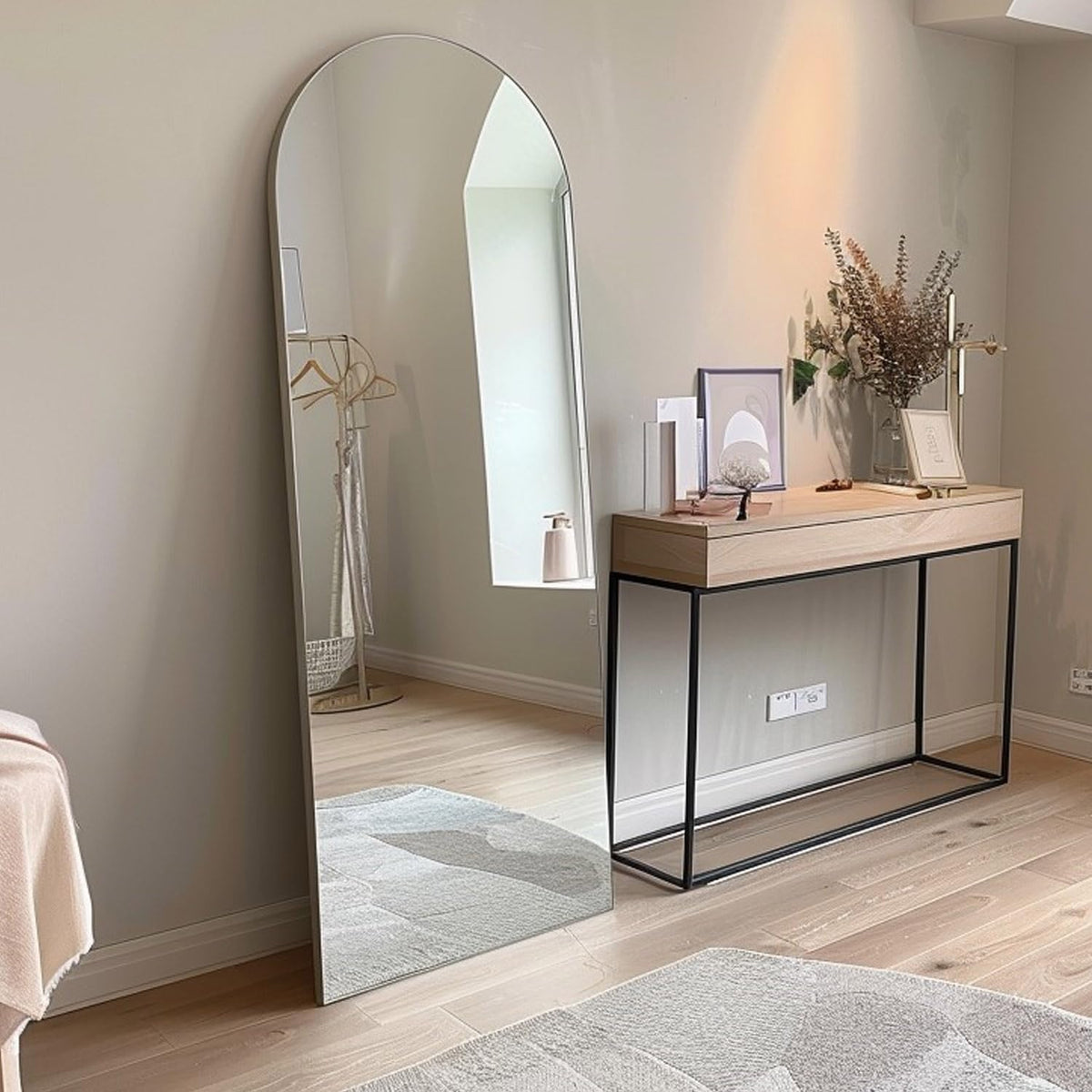 65"x22" Full Length Mirror, Arched Floor Mirror with Stand, White