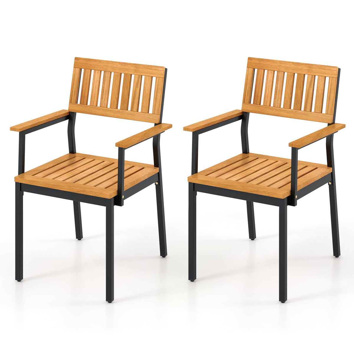 Patio Dining Chair Set of 2, Outdoor Acacia Wood Chairs with Metal Frame, All-Weather Bistro Chairs, for Indoor Lawn