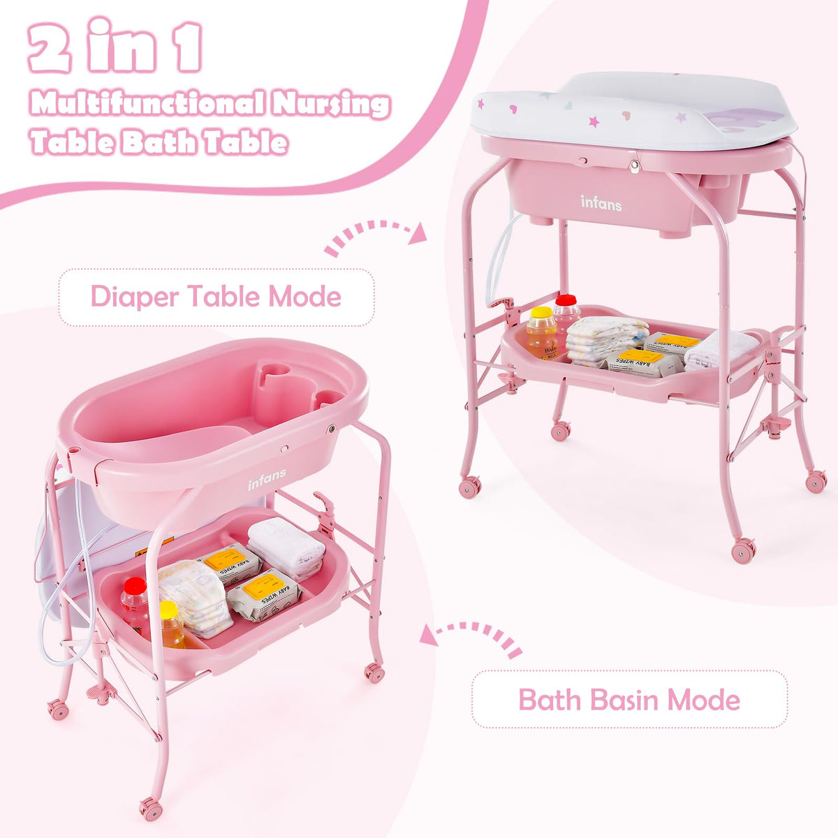 2 in 1 Baby Changing Table with Bath Tub Unit, Folding Diaper Dresser Station with Wheels Waterproof Pad Storage