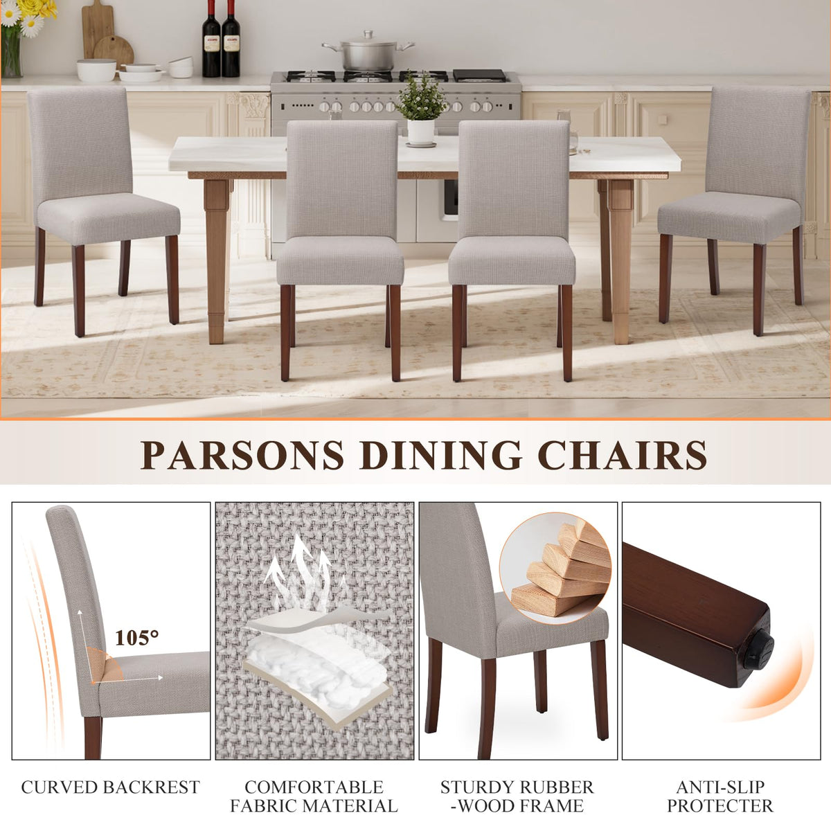 Upholstered Dining Chairs Set of 6, Modern Fabric Dining Room Chair, Wooden Dining Chair, Kitchen Side Chairs