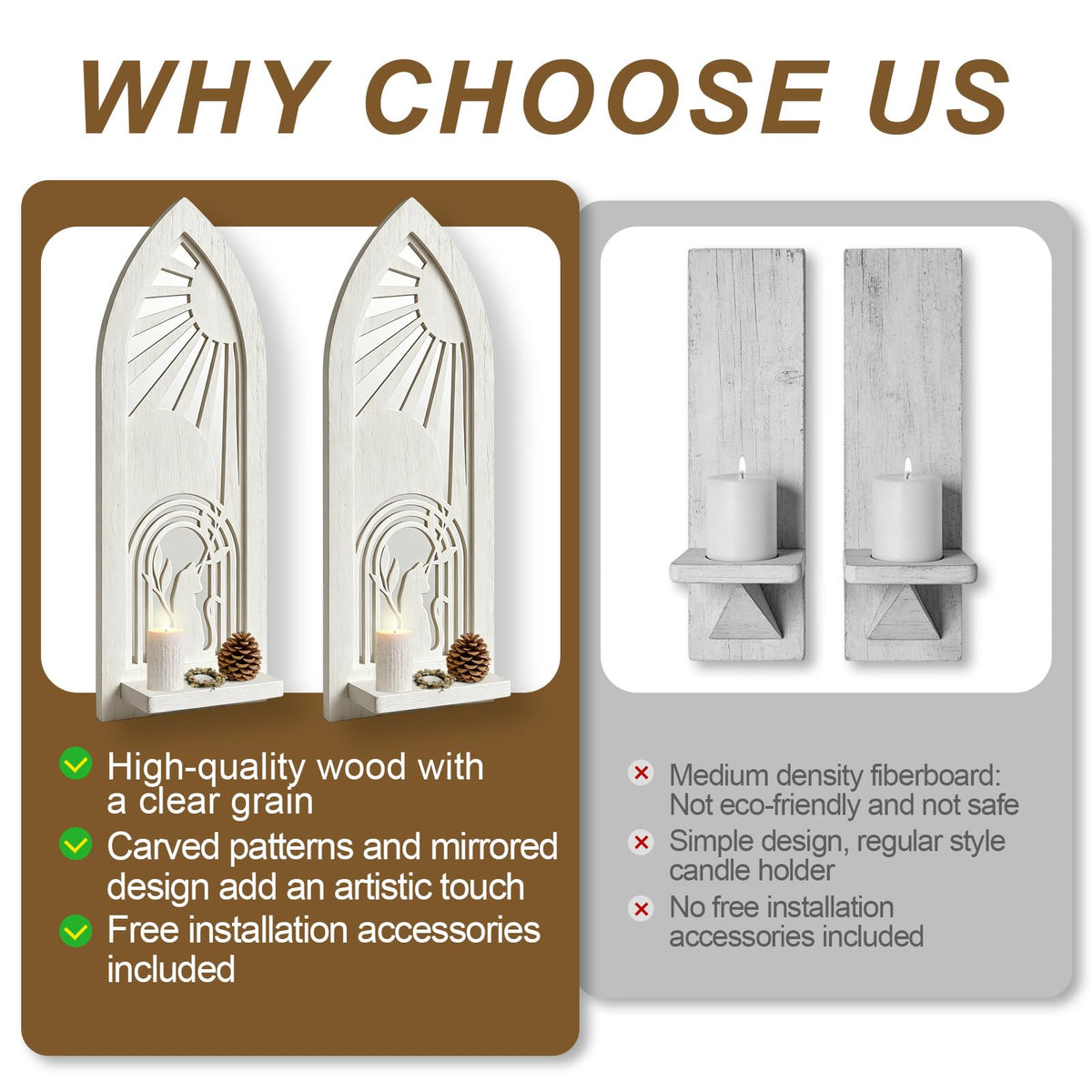 2 Set Rustic Candle Sconces Living Room Bedroom Entryway Wood Mirrored, Farmhouse, Carved Frame Wall-Mount Wooden