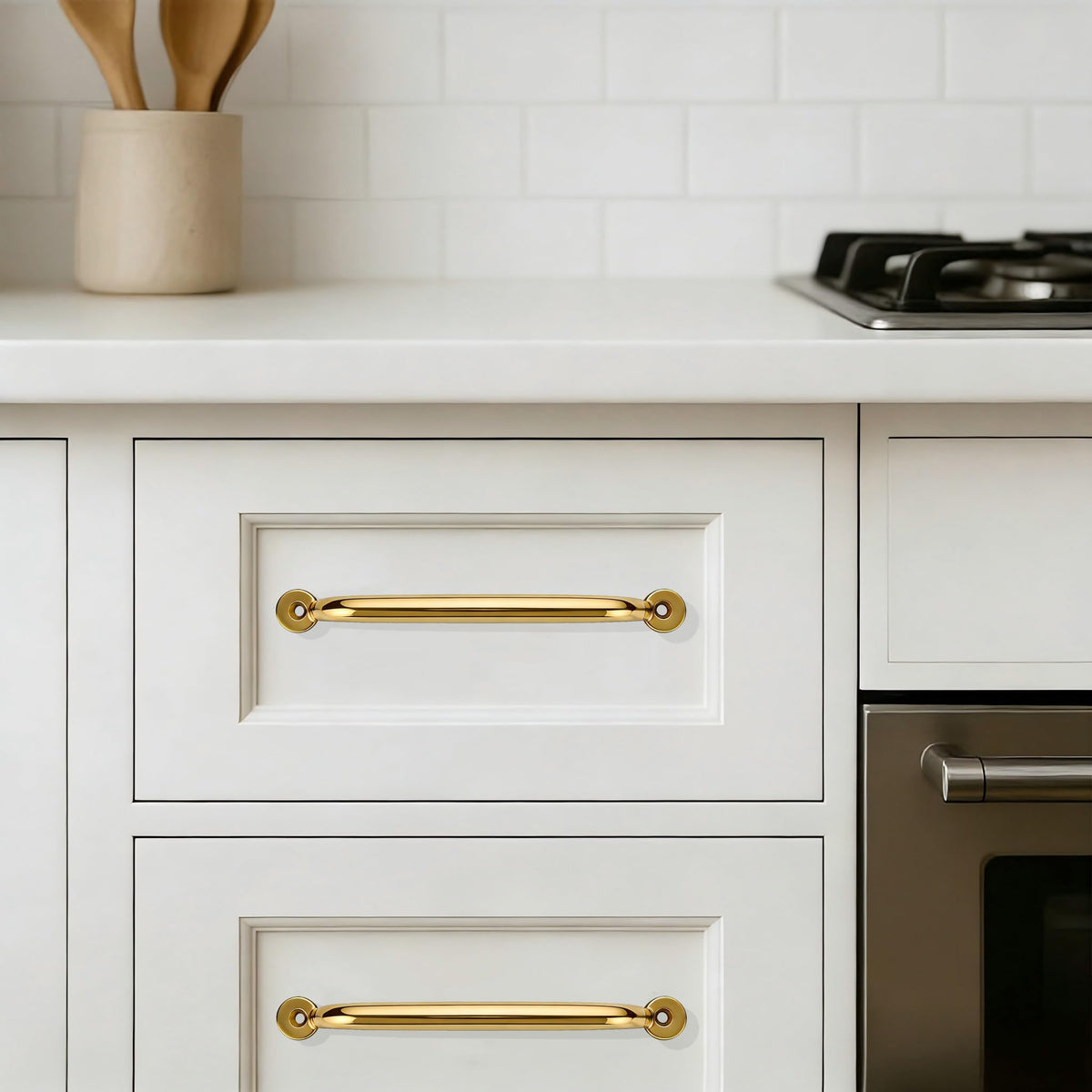 Luxury 5-Pack 100% Solid Brass Cabinet Pulls, 12" Center-to-Hole Pulls in Unlacquered Brass Finish for Drawers & Doors