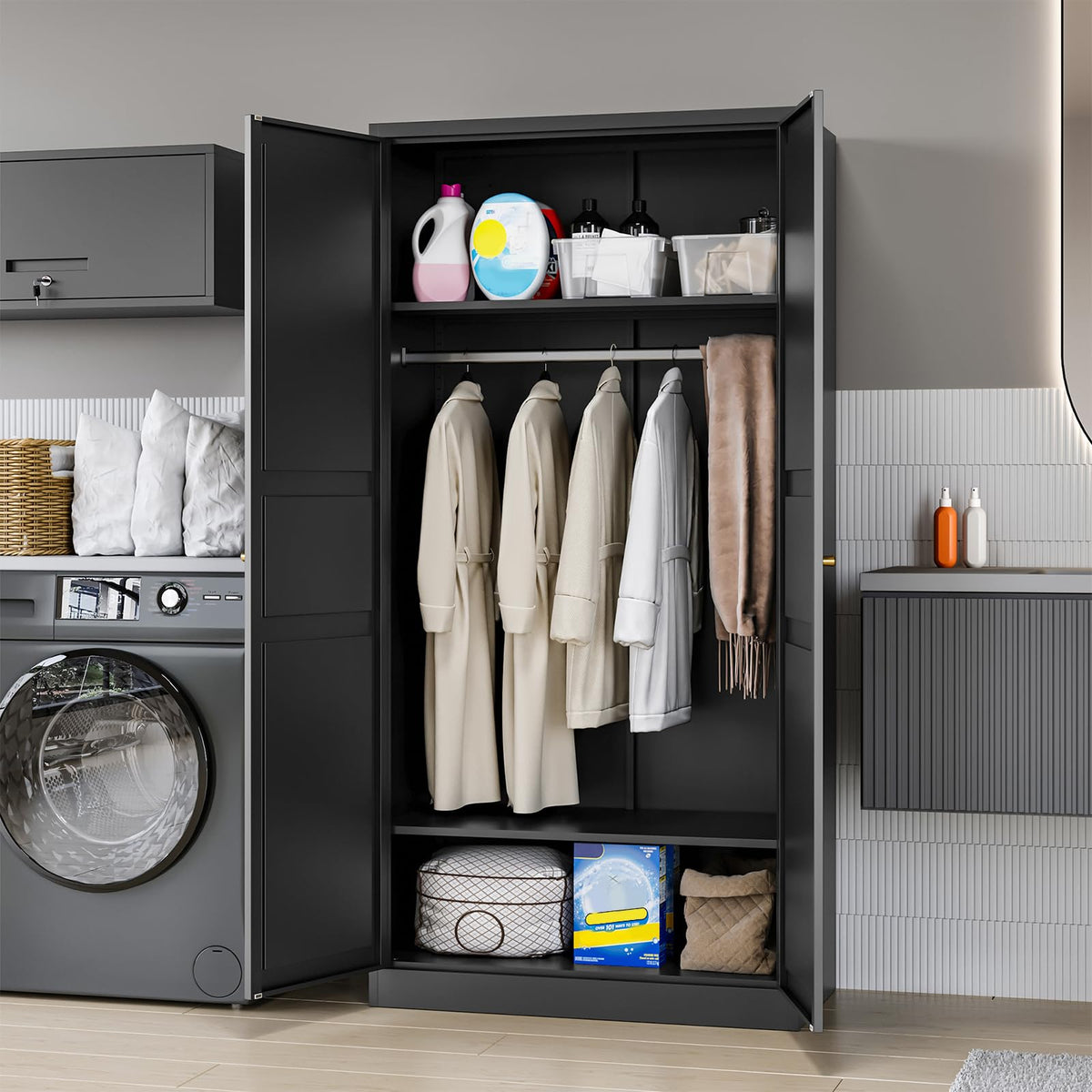 Wardrobe Closet with 2 Doors, 72" Metal Wardrobe Cabinet with Hanging Rod, Bedroom Armoires Laundry Room and Office