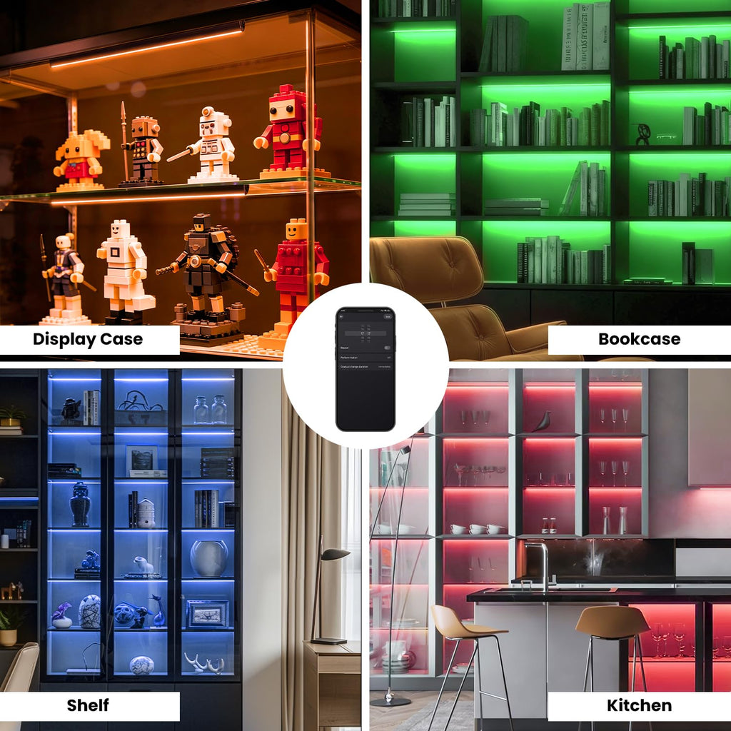 Black RGB LED Shelf Lights, Smart Bookshelf Lights Compatible with Alexa WiFi Dimmable for Display Case, Bookcase
