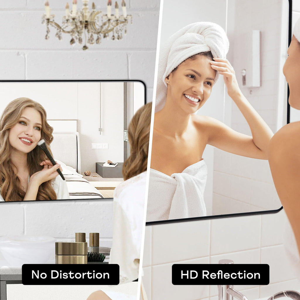 Black Bathroom Mirror 30x48in, Metal Framed Rounded Rectangle Wall