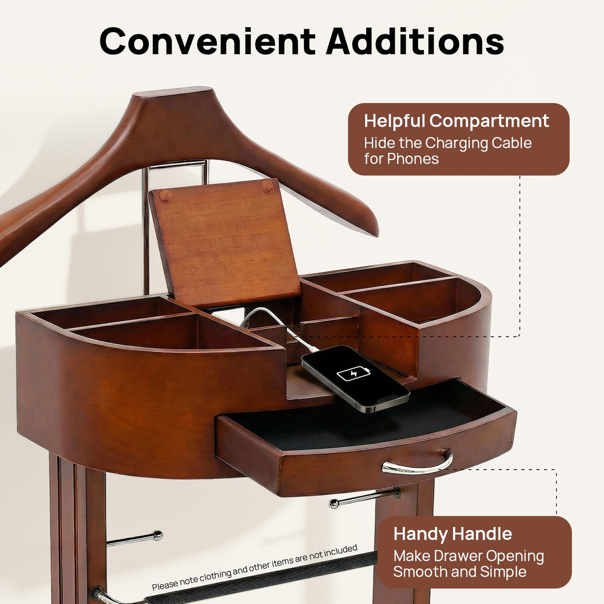Wood Men Valet Stand with Drawer, Standing Suit Valet Stand, Clothes Organizer Rack Entryway Living Room Bedroom