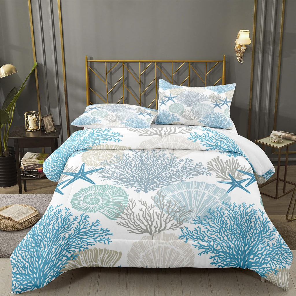 Summer Coastal Comforter Set Beach Blue Shells Quilt Bedding Set