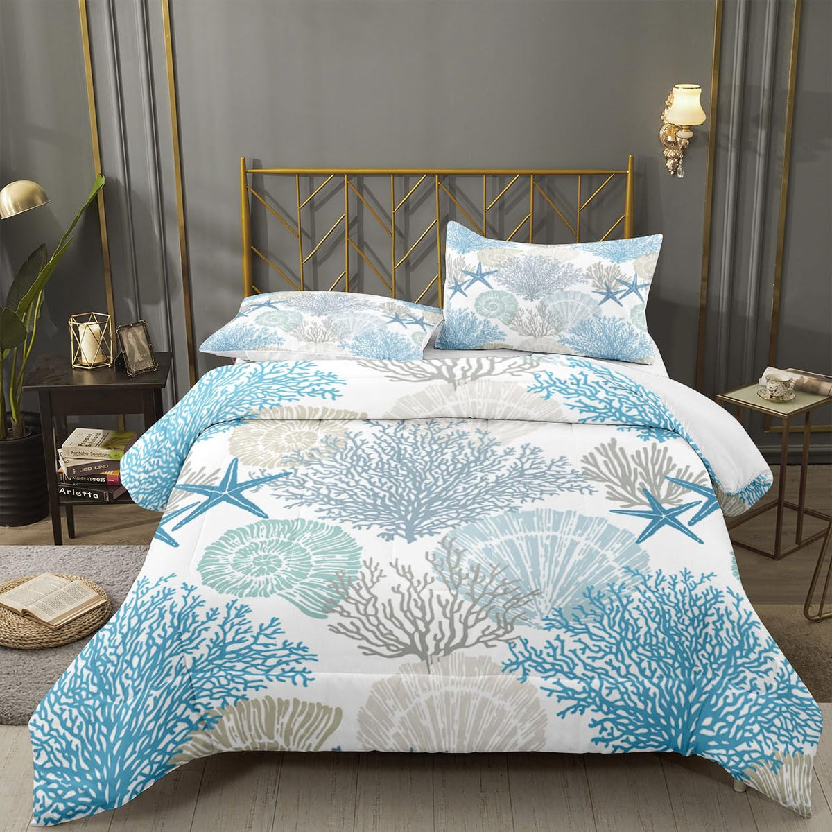 Summer Coastal Comforter Set Beach Blue Shells Quilt Bedding Set