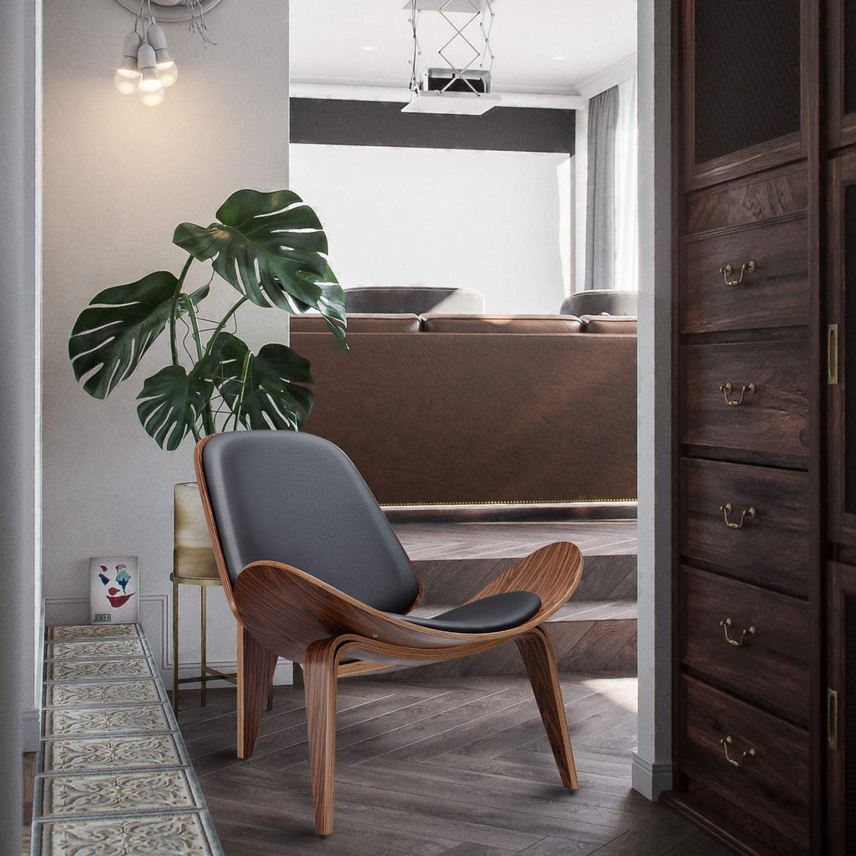 Inspired Eames Style Mid Century Modern Shell Lounge Chair, PU Leather, Tripod Plywood Solid Wood Accent Chairs, Reading