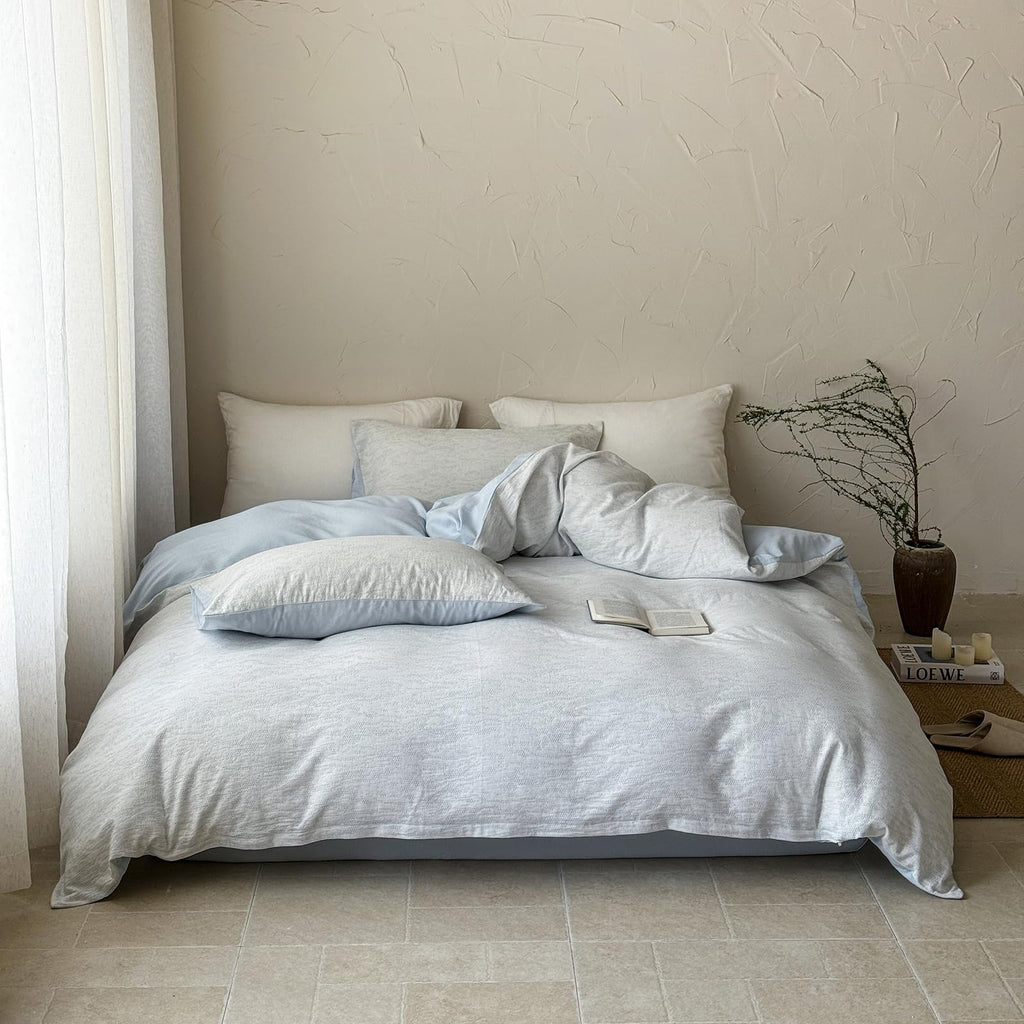 Minimalist Light Blue Duvet Cover Set Chic Cotton Jacquard Bedding