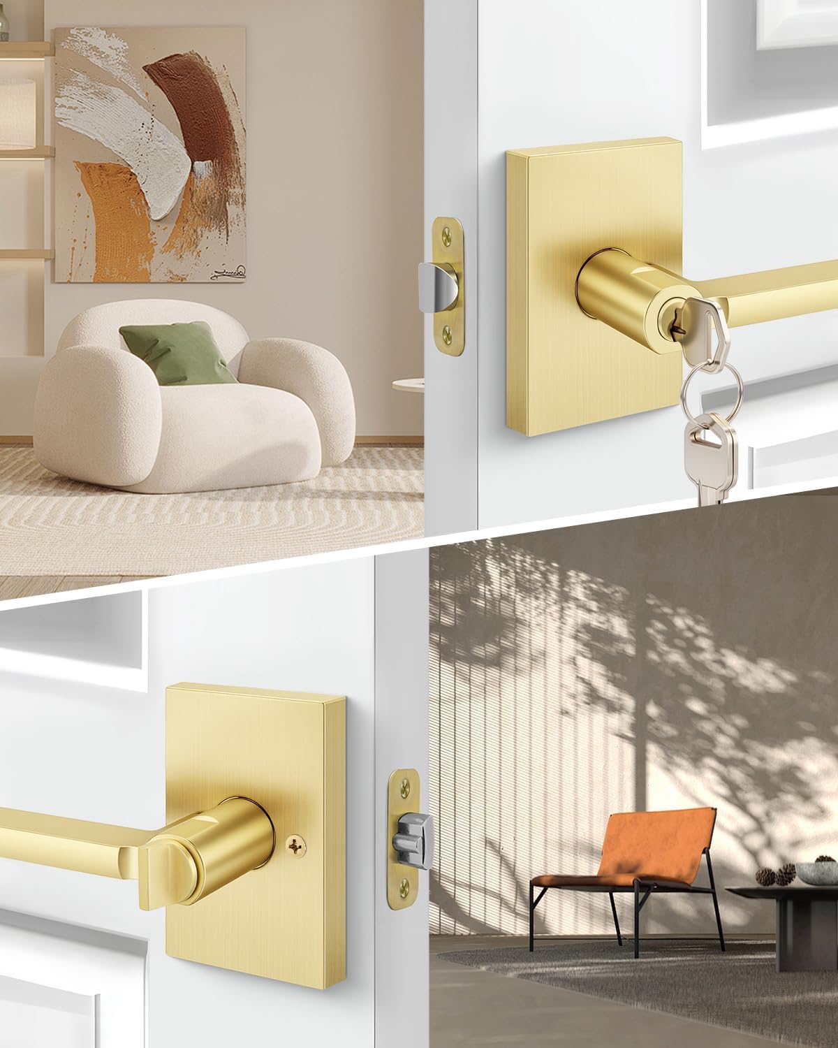 Brushed Gold Door Handle with Lock and Key, Square, 3 Pack