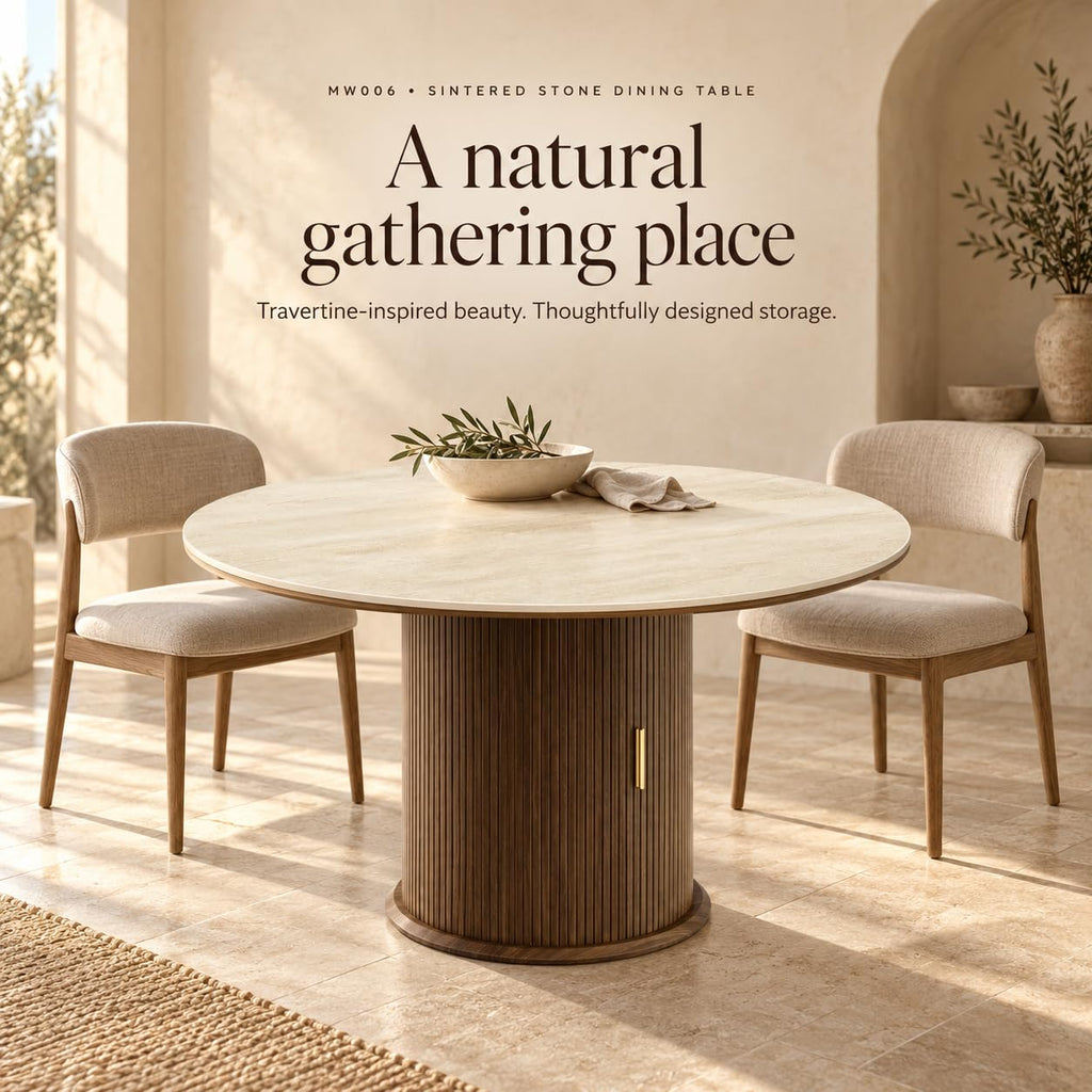 Inspired Saarinen Style 55-Inch Sintered Stone Round Dining Table with Pedestal for 6, Walnut