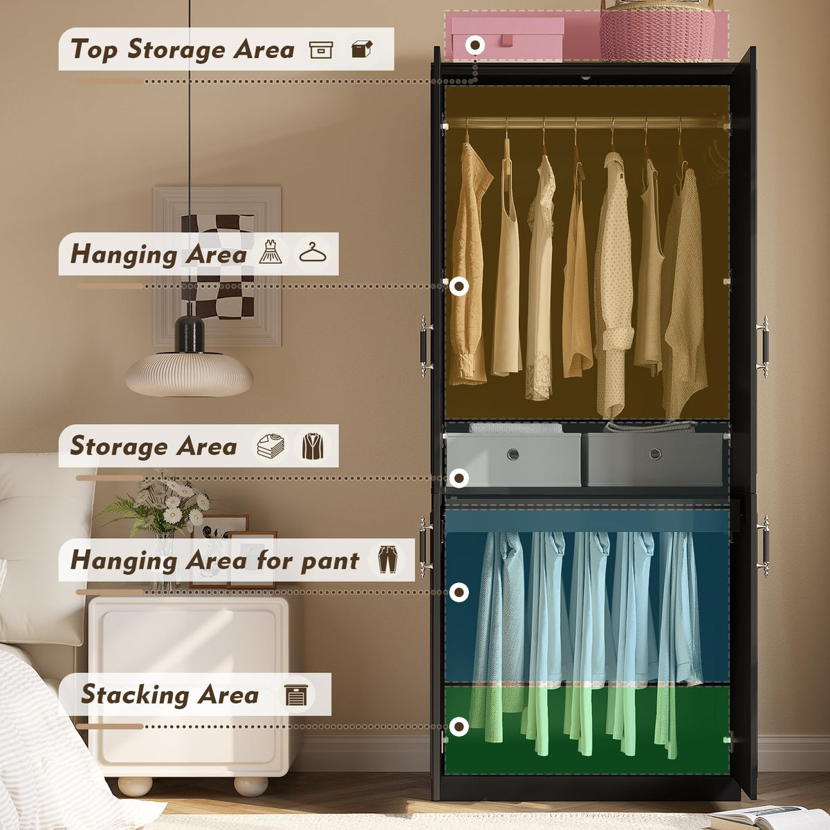 Armoire Wardrobe Closet with 4 Door, 74.8" Large Wardrobe Cabinet with Hanging Rod, Freestanding Modern Bedroom