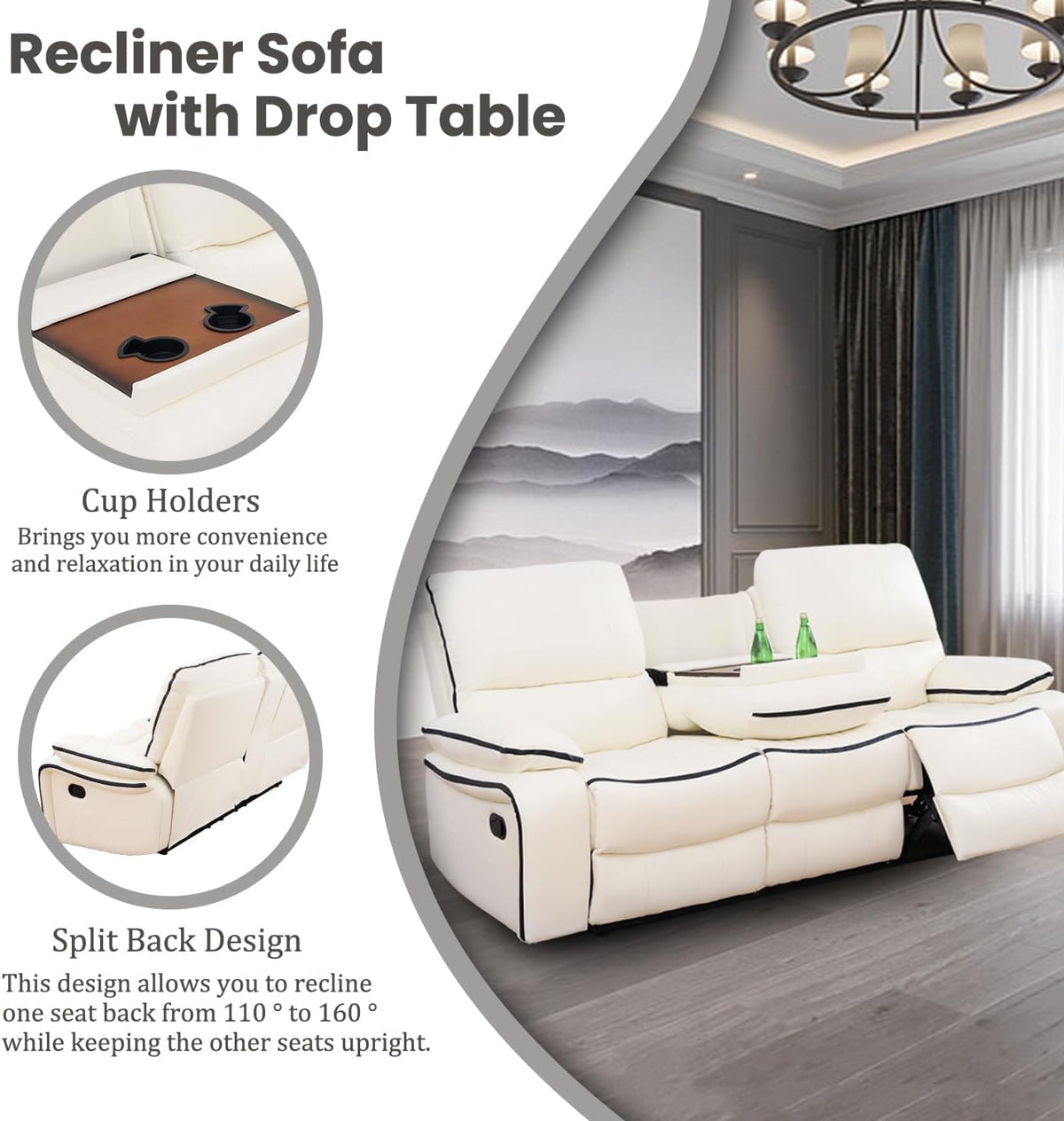 Manual Reclining Living Room Furniture, Bonded Leather Sofa w/Drop-Down Console, Loveseat w/Storage Console