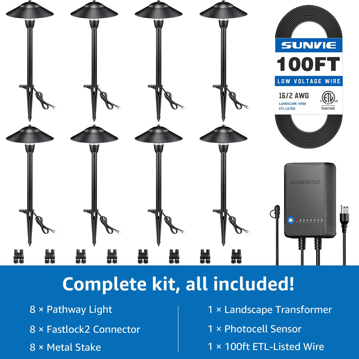 All-in-One LED Pathway Lighting Kit, 8-Pack Low Voltage Landscape Lights with Transformer and 100FT 16/2 AWG Wire