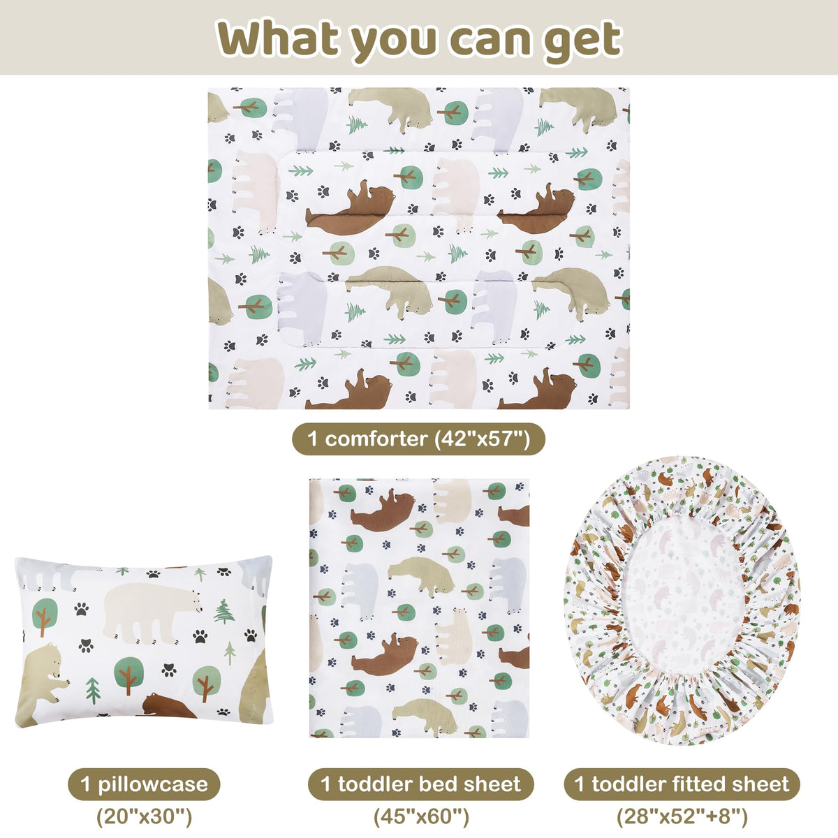 Toddler Bedding Set, Toddler Bed Comforter Sets for Girls, Toddler Bed Set, Forest Bear Printed