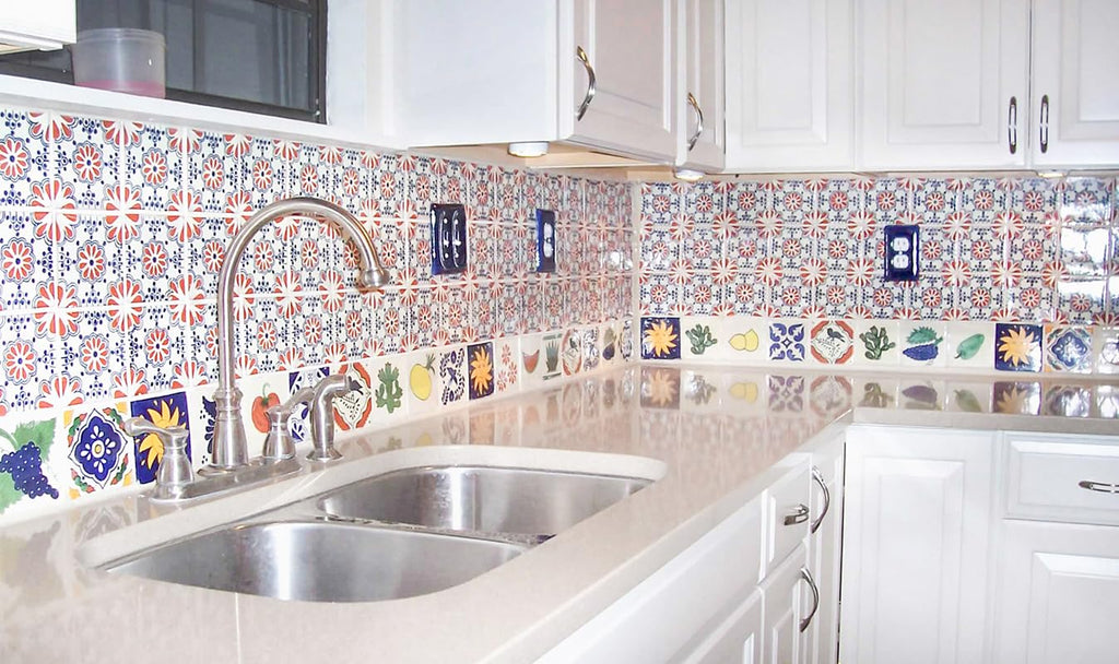 Box of 9-41⁄4 x 41⁄4 Terra Cotta & Blue Lace - Talavera Mexican Ceramic Tiles