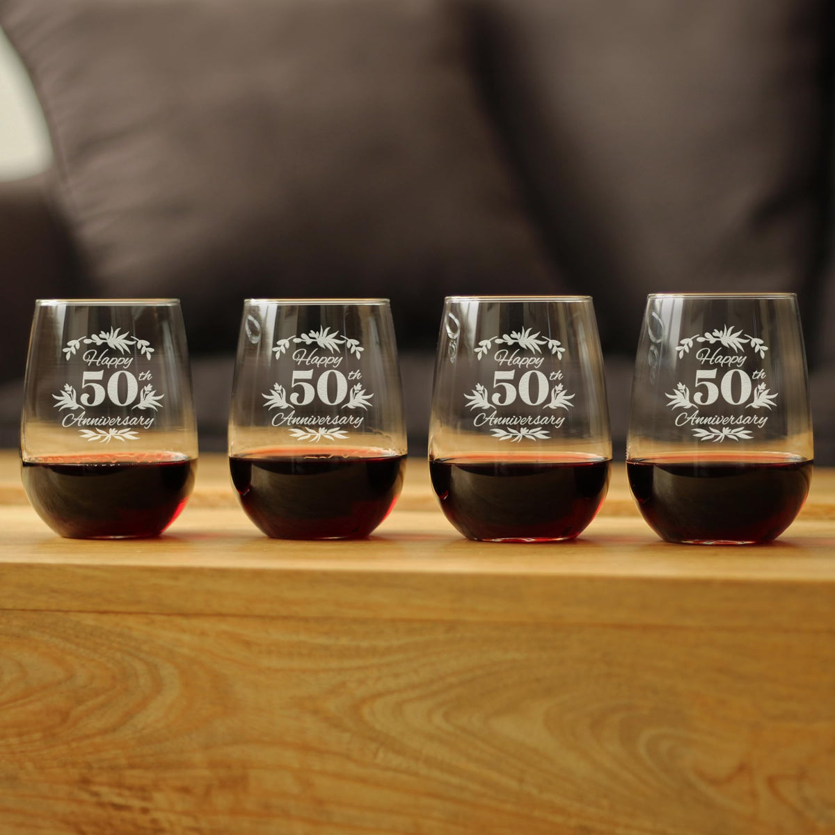 Happy 50th Anniversary Stemless Wine Glass - 17 oz - Set of 4