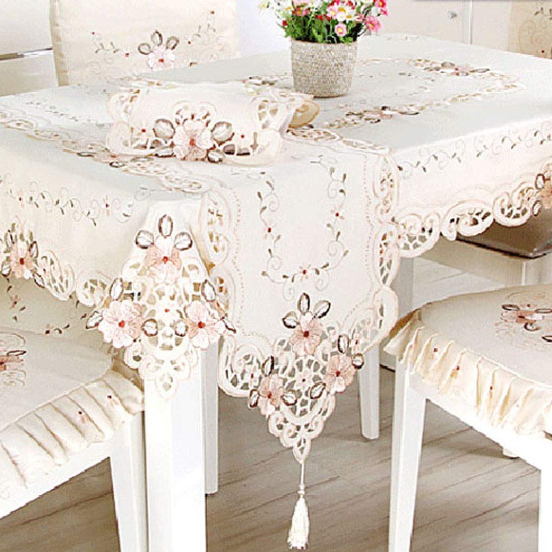 57" X 86" Oblong Beige Flower Embroidered Tablecloth, Vintage Classic Lace Floral Dining Table Cloth Table Cover