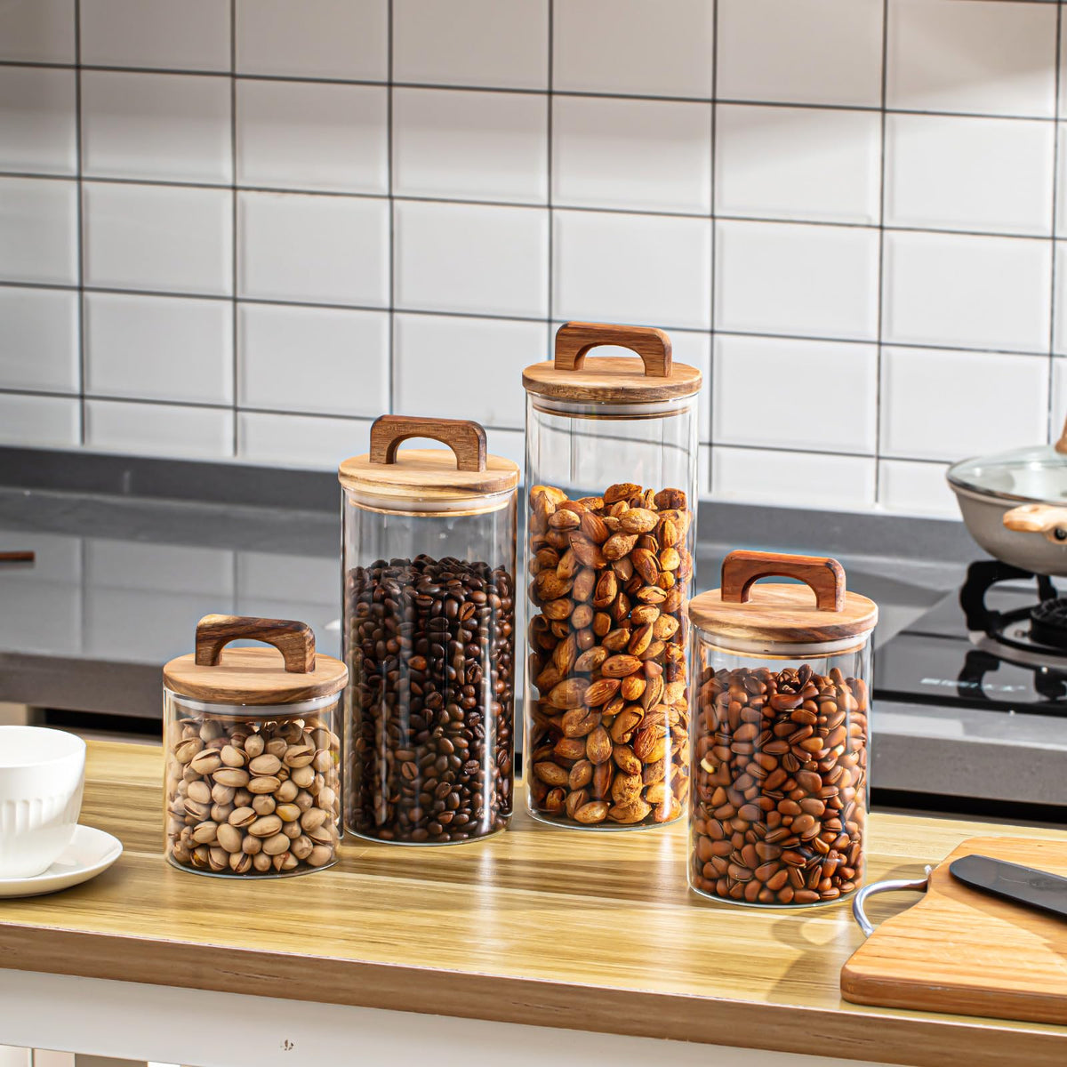 4 Pcs Glass Canisters with Wooden Airtight Lids, Cylindrical