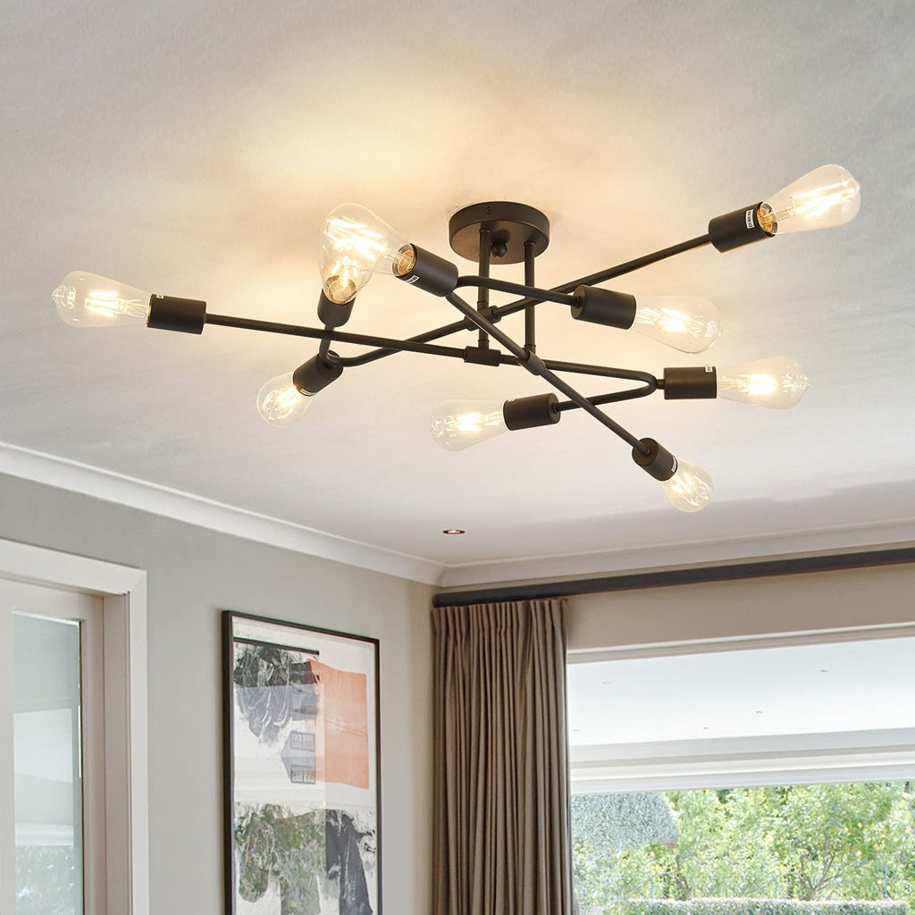 Black Semi Flush Mount Ceiling Light Fixture, 9 Light Modern Metal Chandelier, Ceiling Light Farmhouse Island Dining