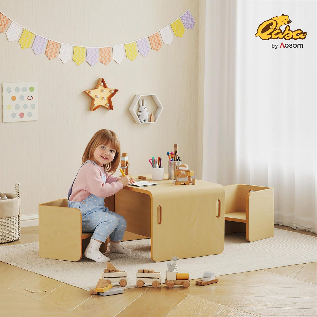 Kids Table and Chair Set Wooden Activity Table Ages 3-8 Natural Wood
