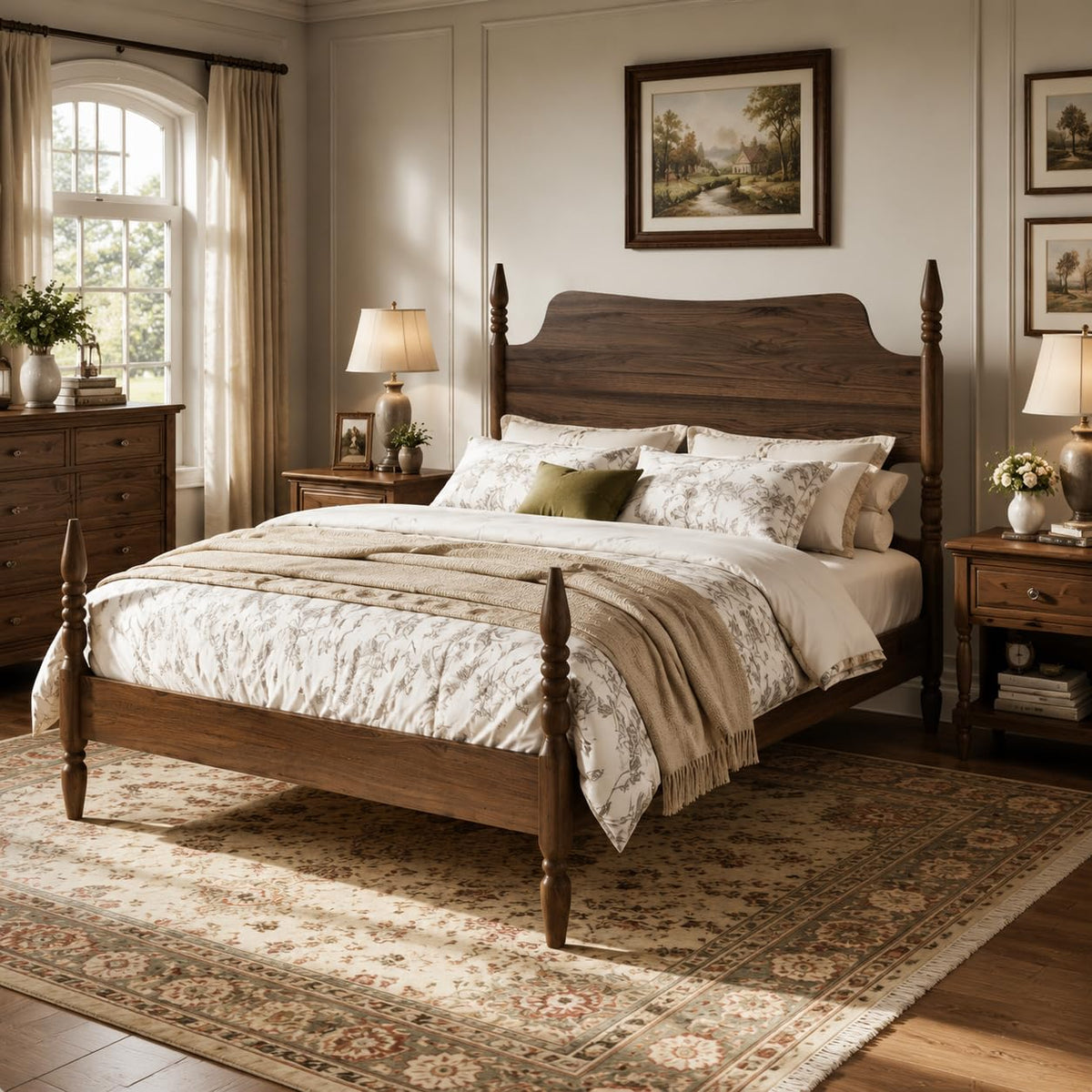 Vintage Wood Platform Bed Frame w/Tall Arched Headboard